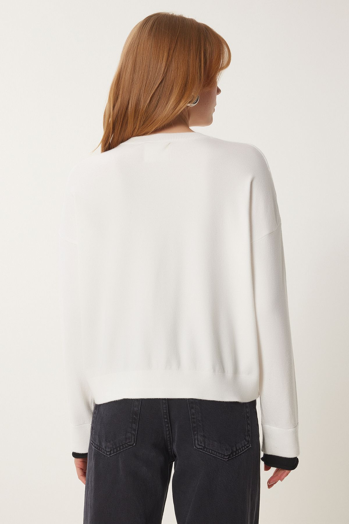 Female Bone Black Contrast Ribbon Detailed Seasonal Triko Cardigan US00953