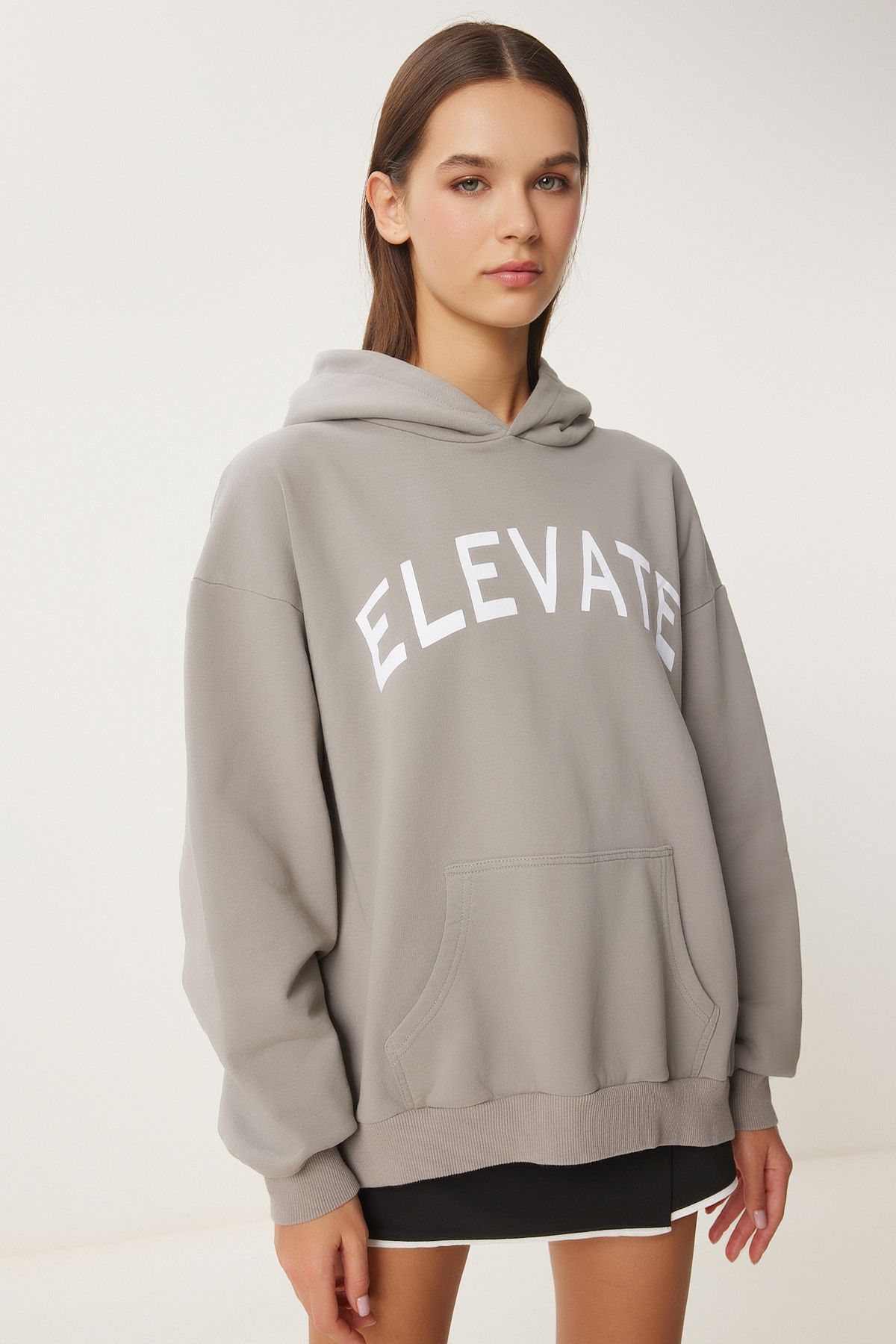 Women's gray hooded printed oversiz knitting sweatshirt ce00095