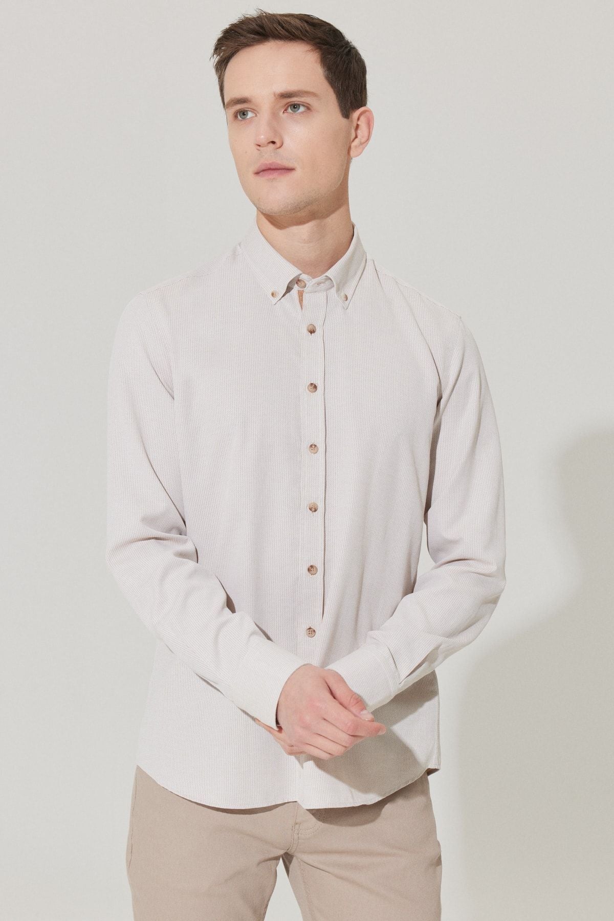 Men's Beige Slim Fit Narrow Cutting Buttoned Cotton Cotton Amelor Shirt