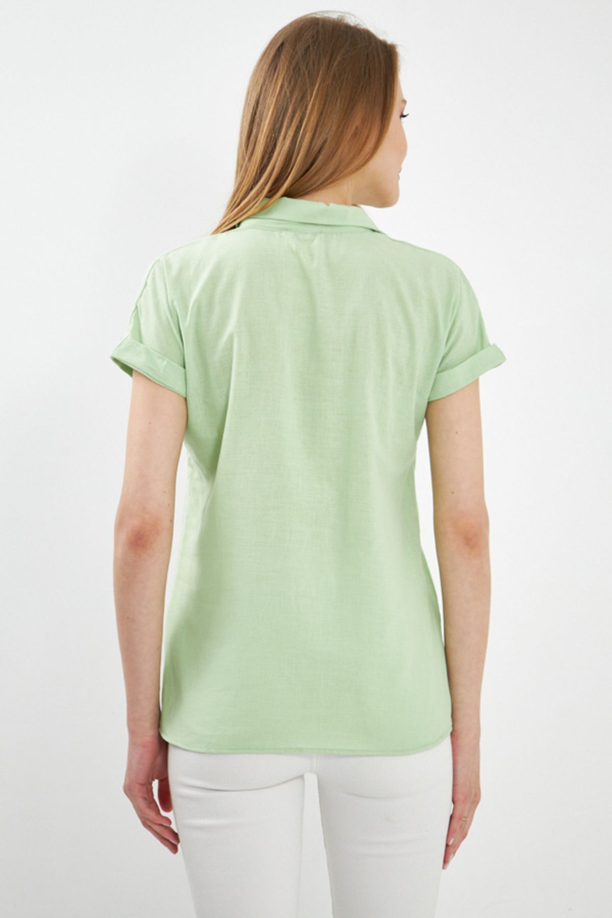 Woman Light Green Short Sleeve Linen Shirt ARM-24Y001038