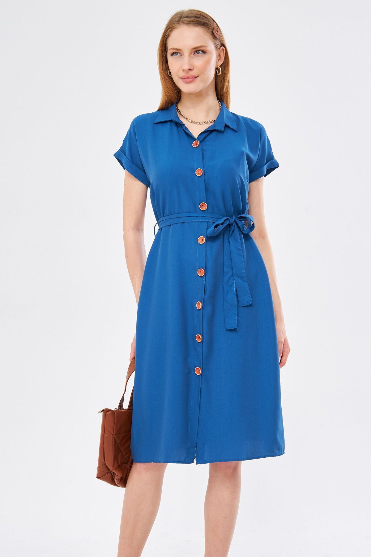 Woman Dark Blue Waist Belt Short Sleeve Shirt Dress ARM-19Y001068