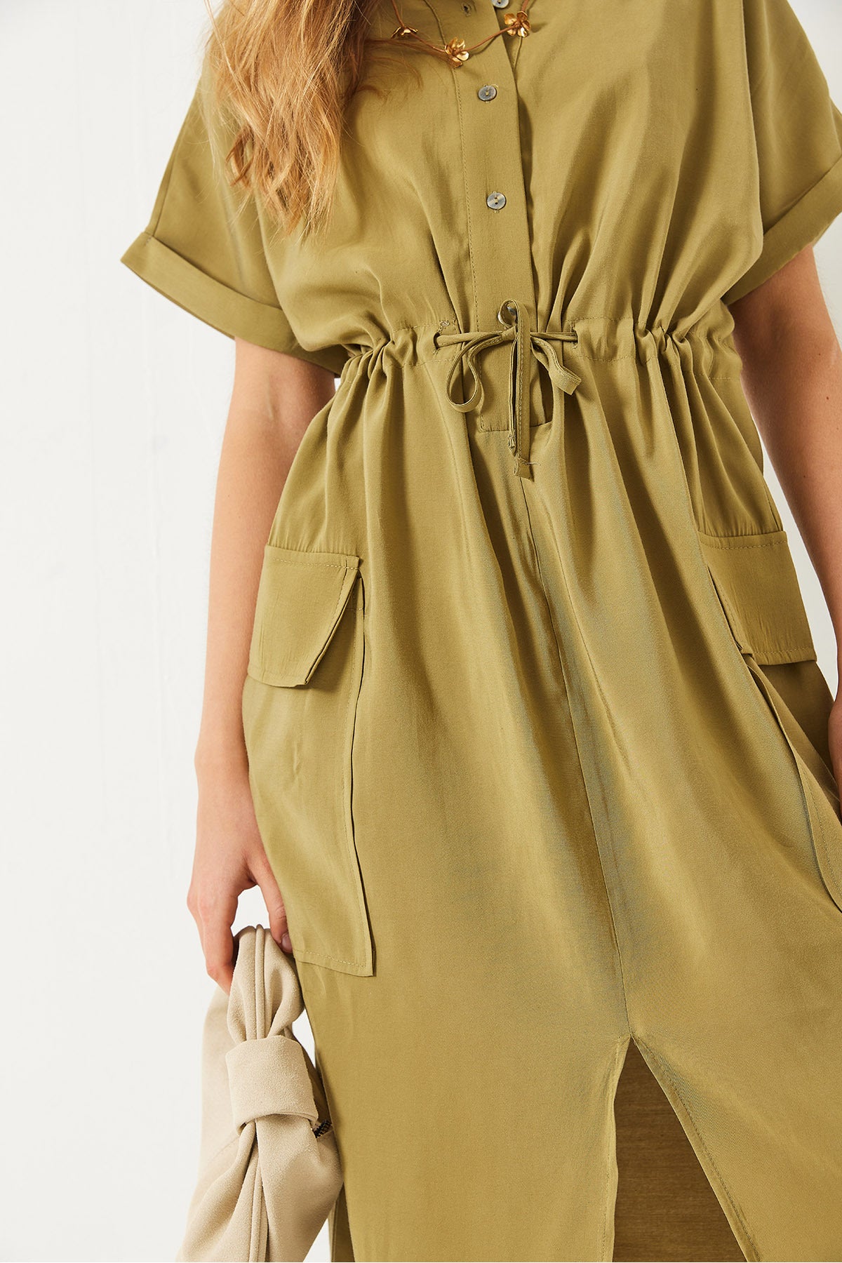 Women's Waist Tied, Front Slit, Bag Pocket Modal Dress 70316 60283001