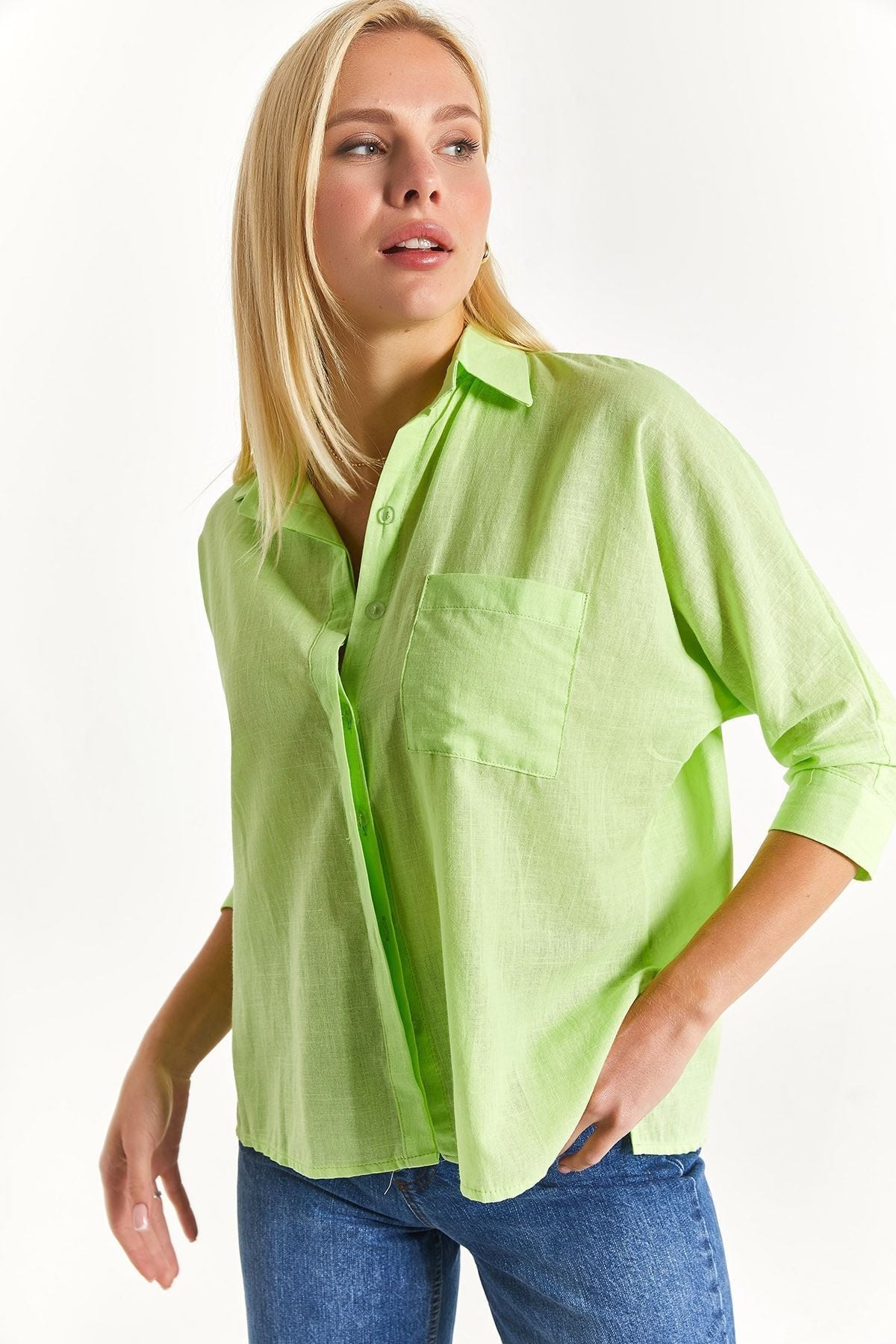 Female neon yellow pocket shabby linen shirt ARM-21Y001035