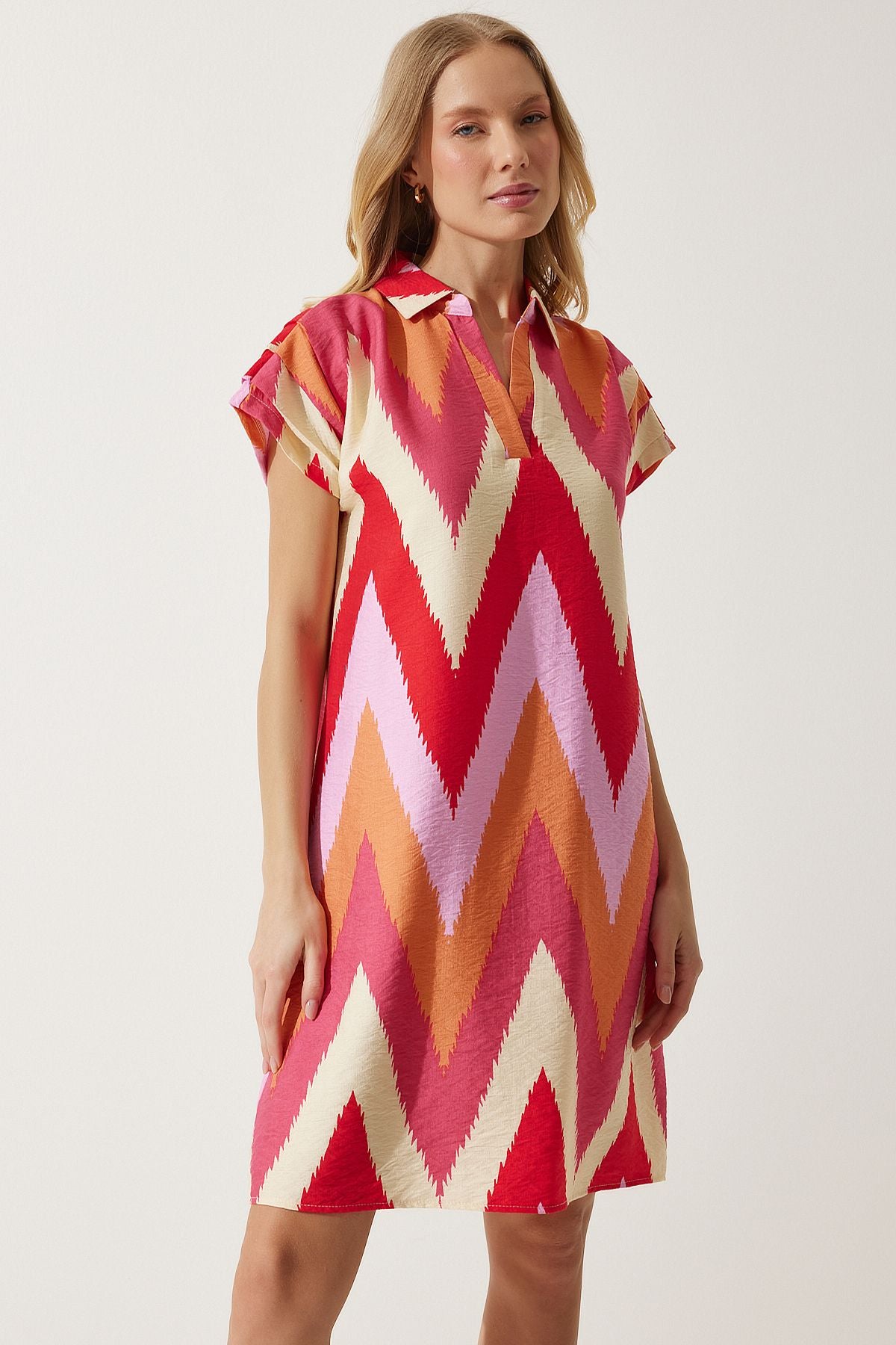 Woman Red Cream Polo Yaka Patterned Summer Dress of00001