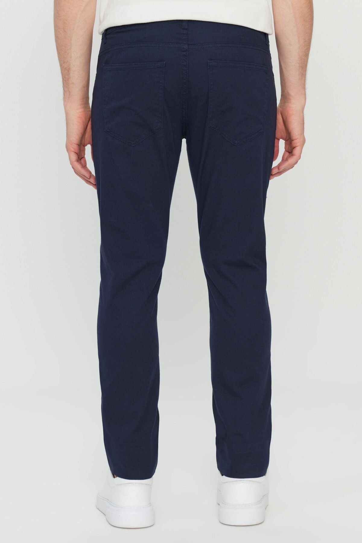 Men's navy blue cotton slim fit narrow cut 5 pocket flexible casual pants