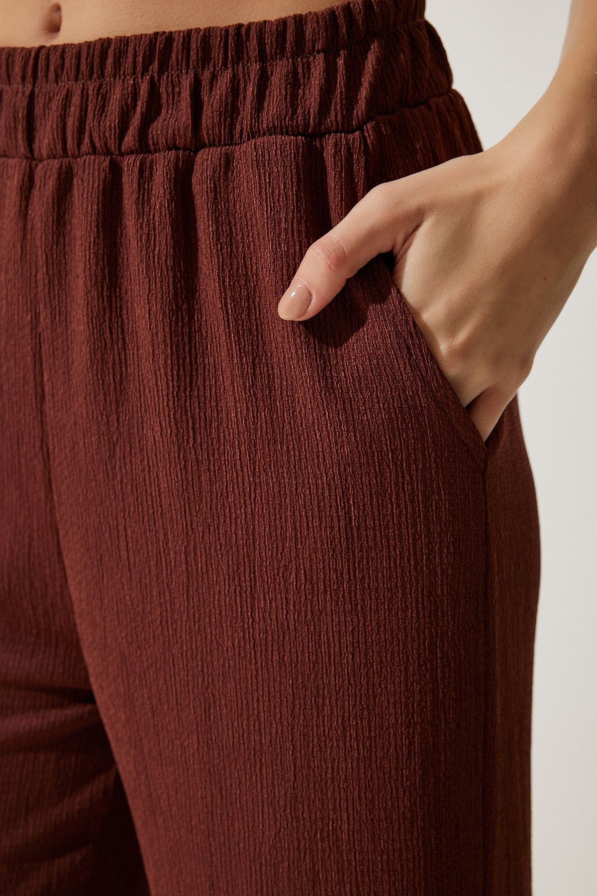 Female brown comfortable knitted shirt pants set KH00090