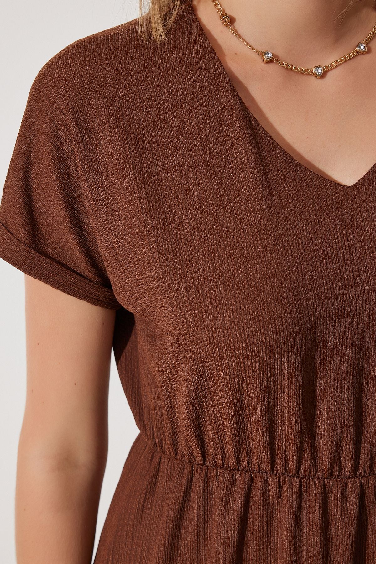 Woman Brown V -Neck Slip Summer Daily Knitting Dress DD01319