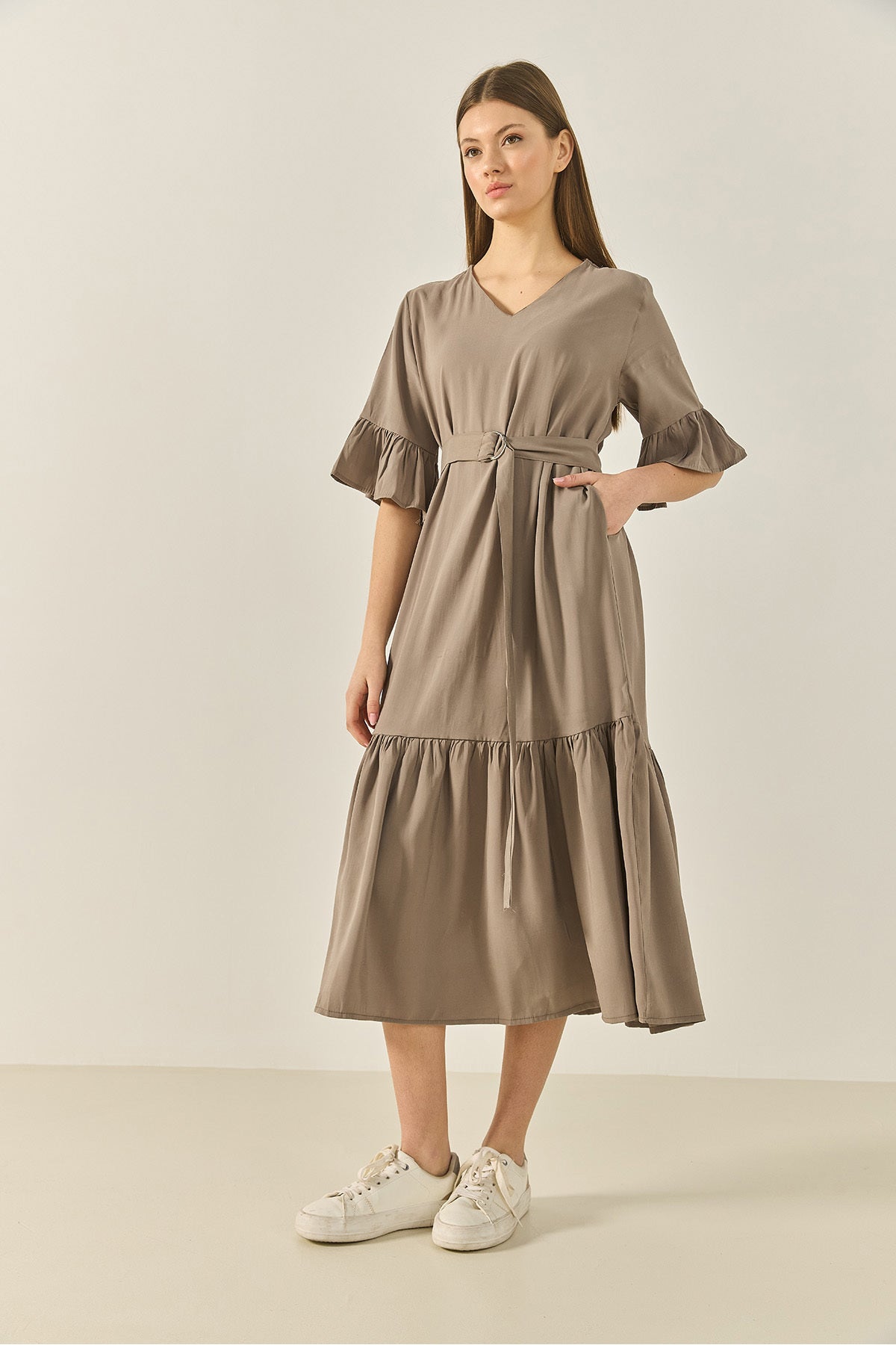 Women's V-Neck Pocket Belted Skirt Flounce Detailed Casual Dress 8406 60283256