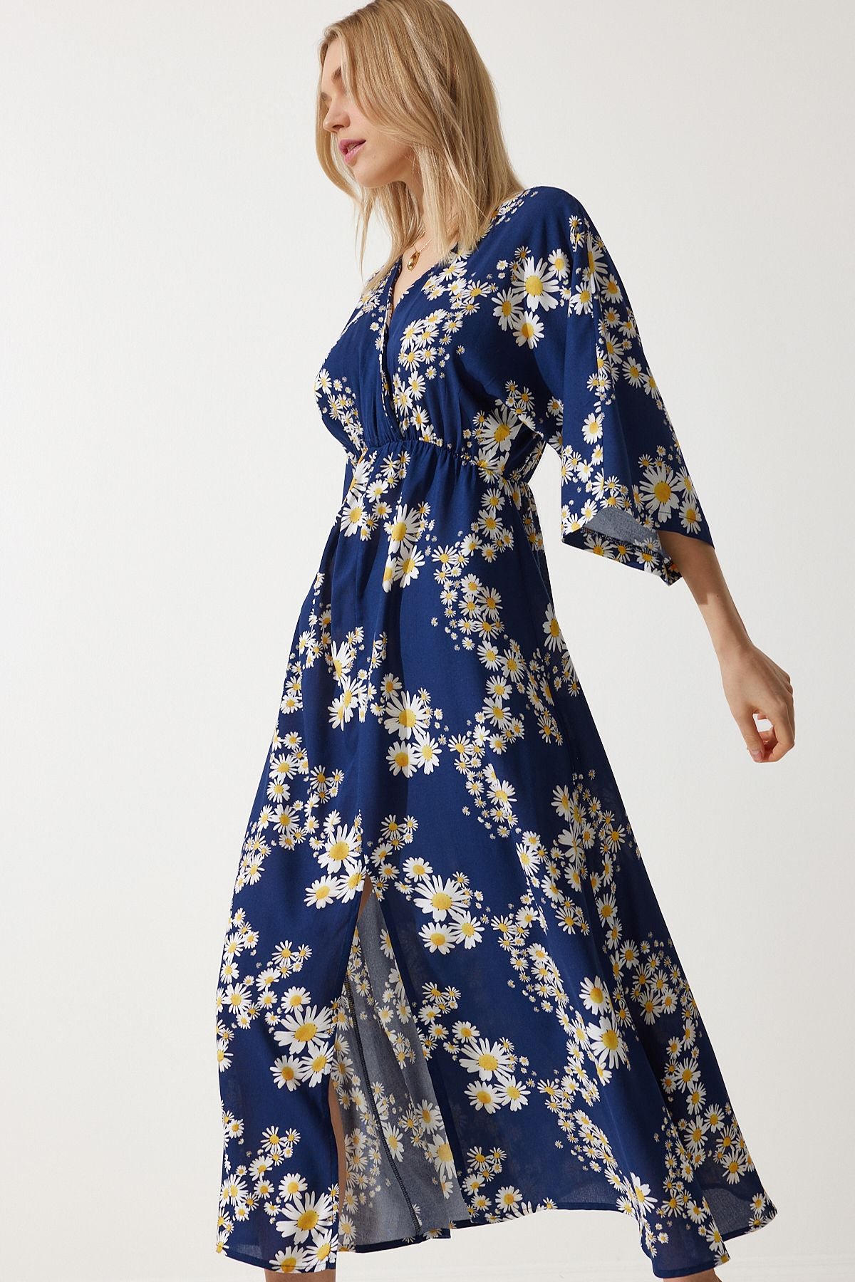 Woman Navy blue Yellow Anvelop Yaka Patterned Summer Viscose Dress DK00166