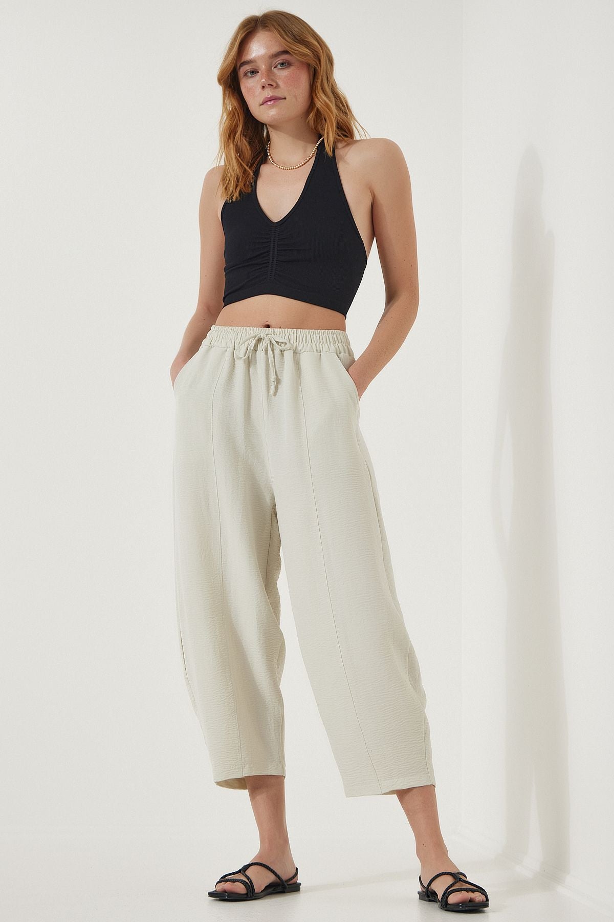 Female Light Cream Pocket Linen Viscose Shalwar Pants CV00001