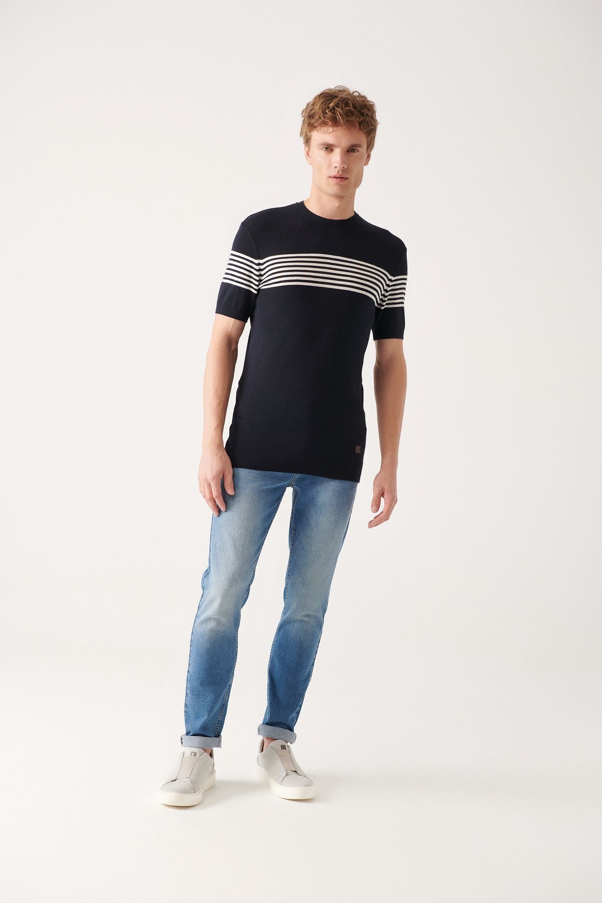 Men's navy blue bike collar breast and arm line detailed knitwear T-shirt A31y5116