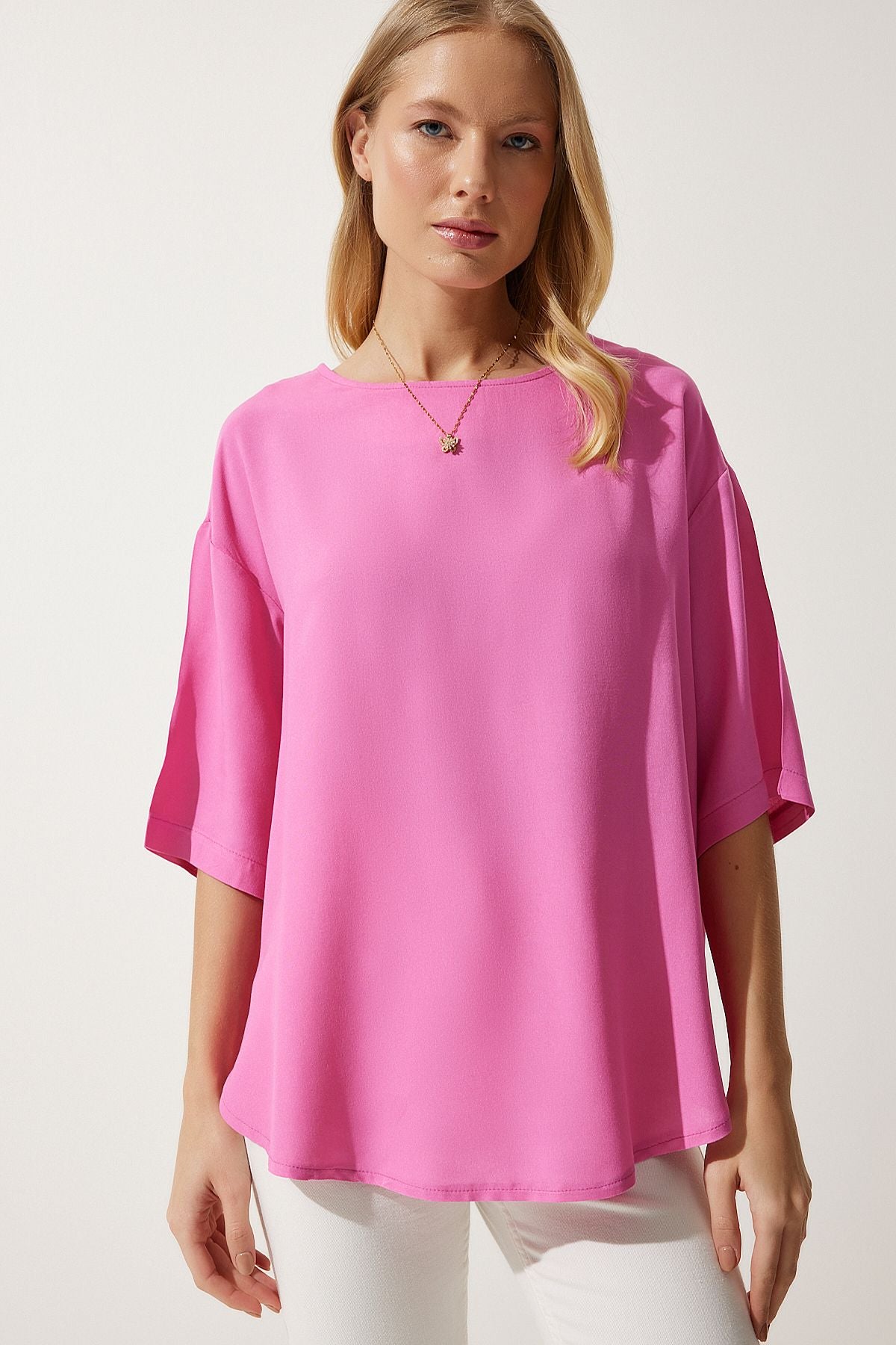 Female pink bike collar draped viscose blouse RC00152