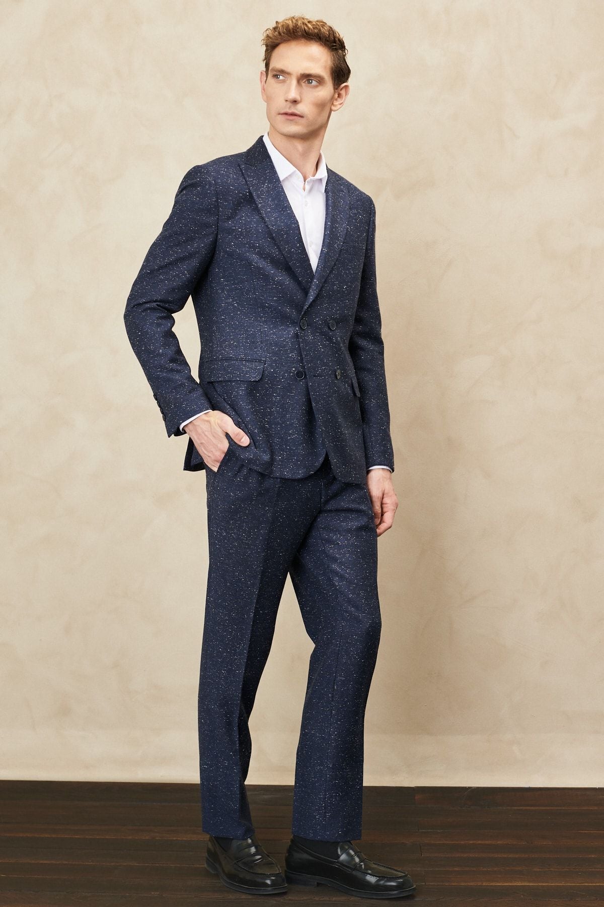 Men's navy blue slim fit narrow -cut swallow collar tweet patterned woolen cruve suit suits