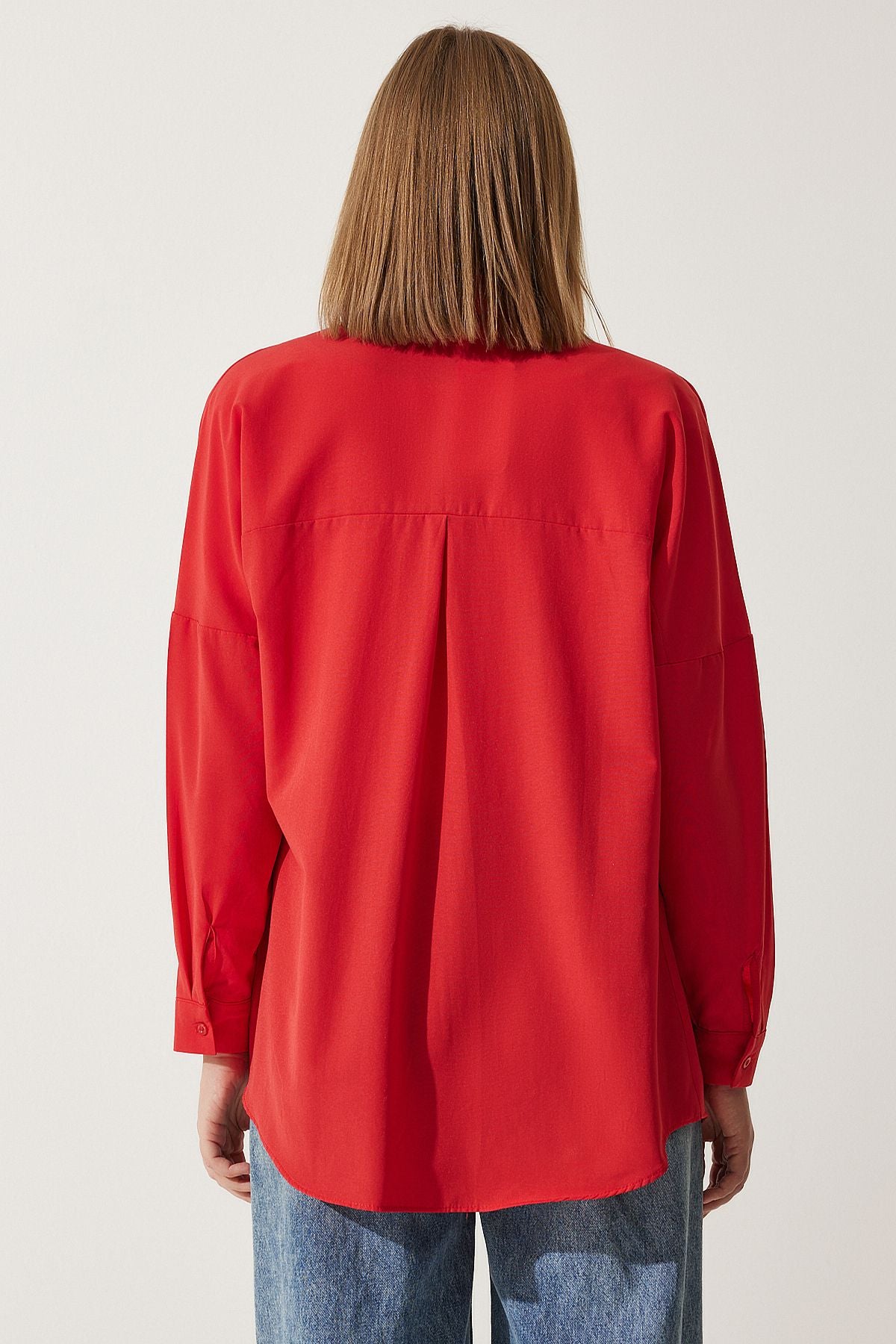 Woman Middle Red Oversize Long Basic Shirt DD00842