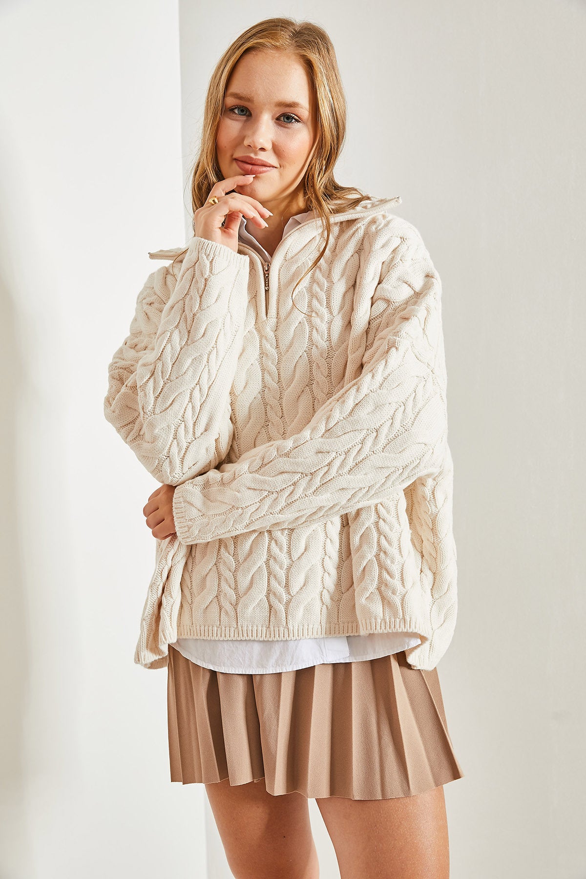 Women's Turtleneck Zippered Patterned Knitwear Sweater 40931017