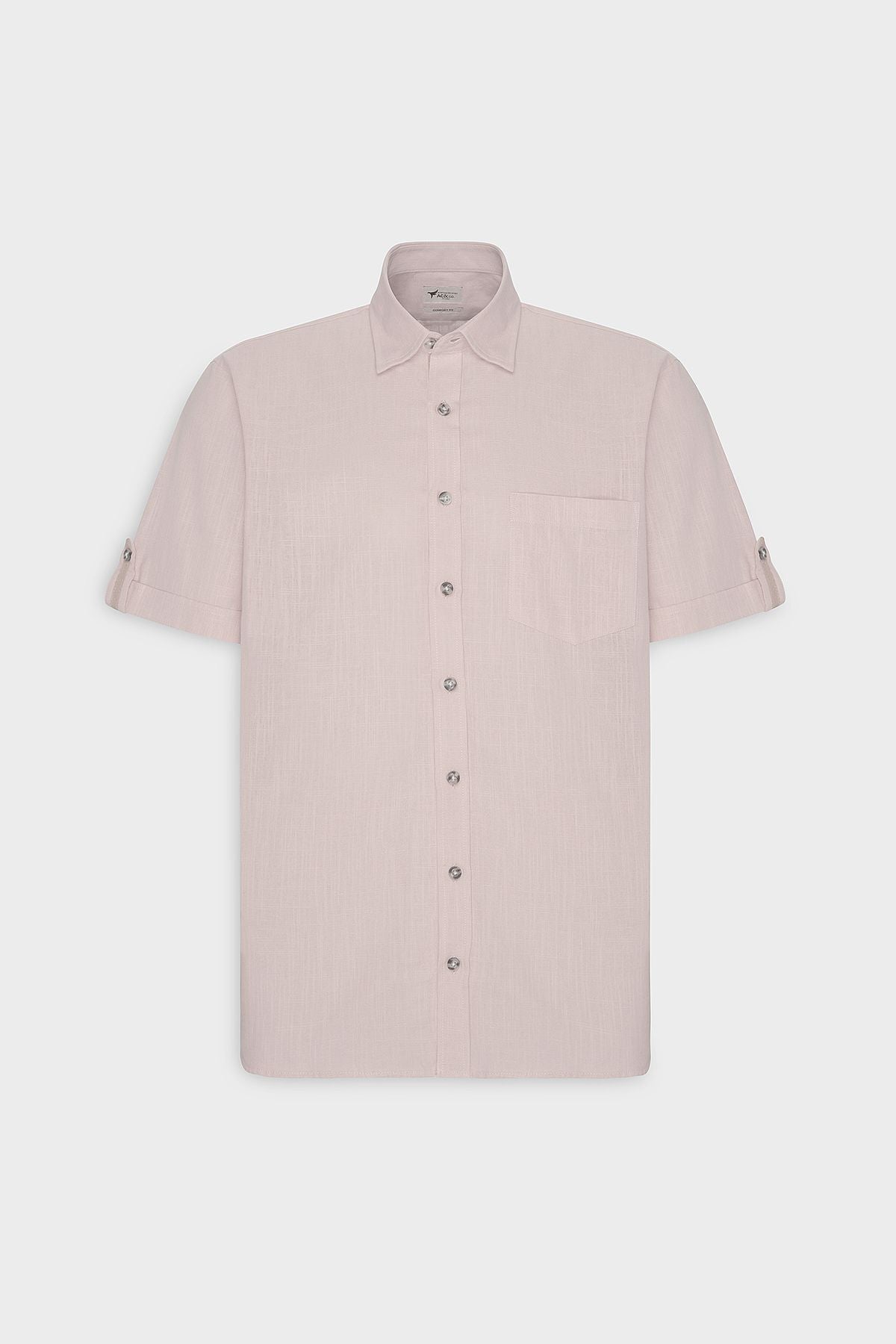 Men's Pink Comfort Fit Casual Cutting Buttoned Neck Linen Looking 100 %Cotton Short Sleeve Shirt