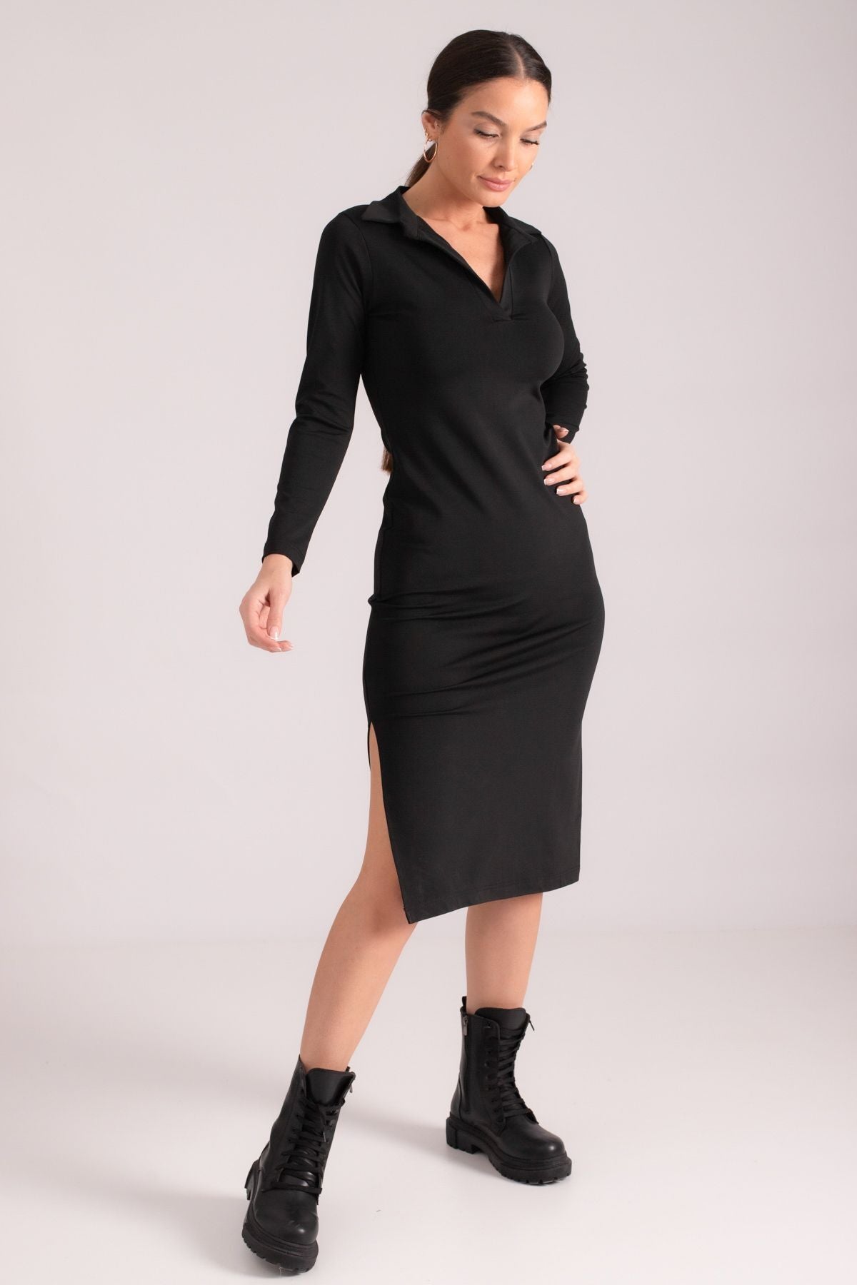 Women's black body sitting shirt collar next to the slit long dress ARM-24K001074