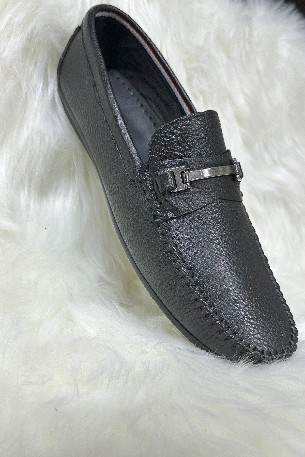 Daily Men's Genuine Leather Black Flipped Slip Stellet Casual Classic Shoes Casual 600 - 601 - 603