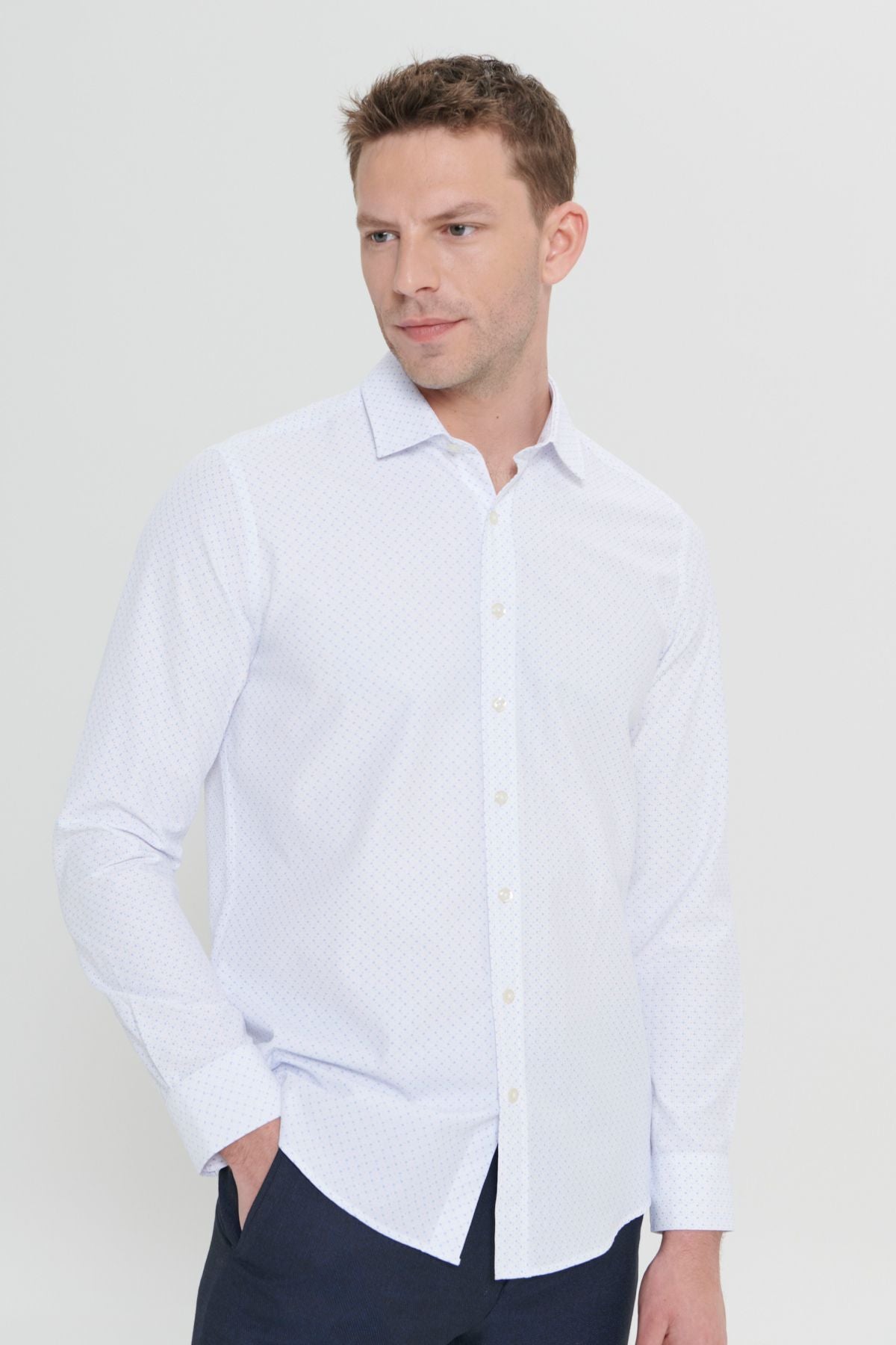 Men's white-blue slim fit narrow cut classic collar cotton Cotton Amelor Shirt