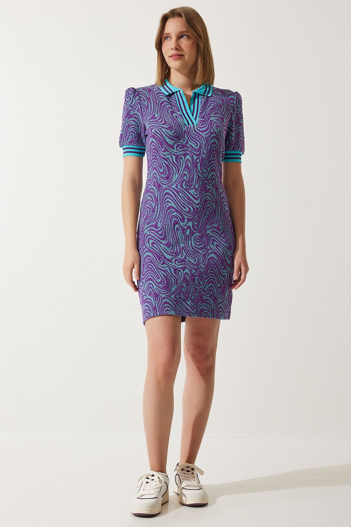 Woman Purple Patterned Polo Yaka knitwear dress NV00069