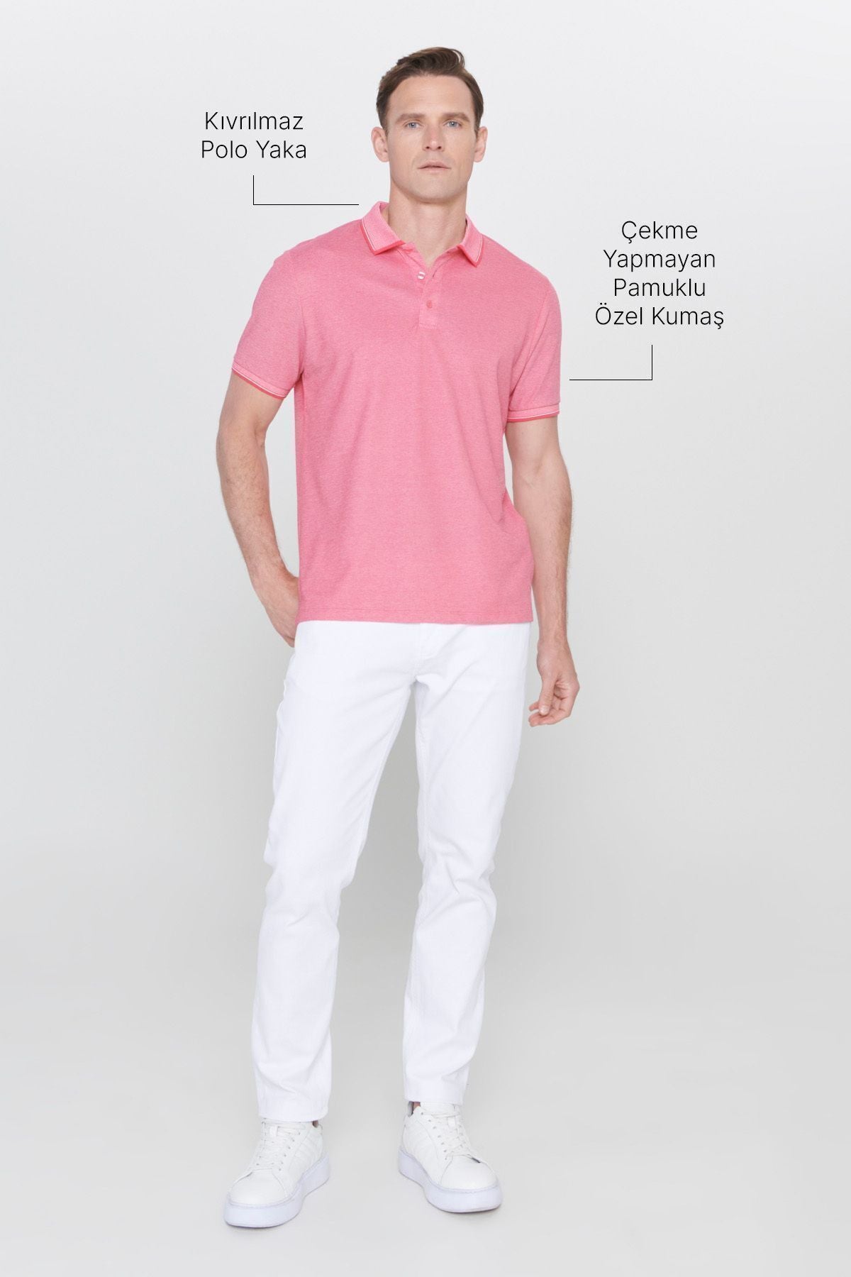 Men-Plugging Cotton Fabric Slim Fit Narrow Cut Fuchsia-White Curled Polo Yaka T-shirt