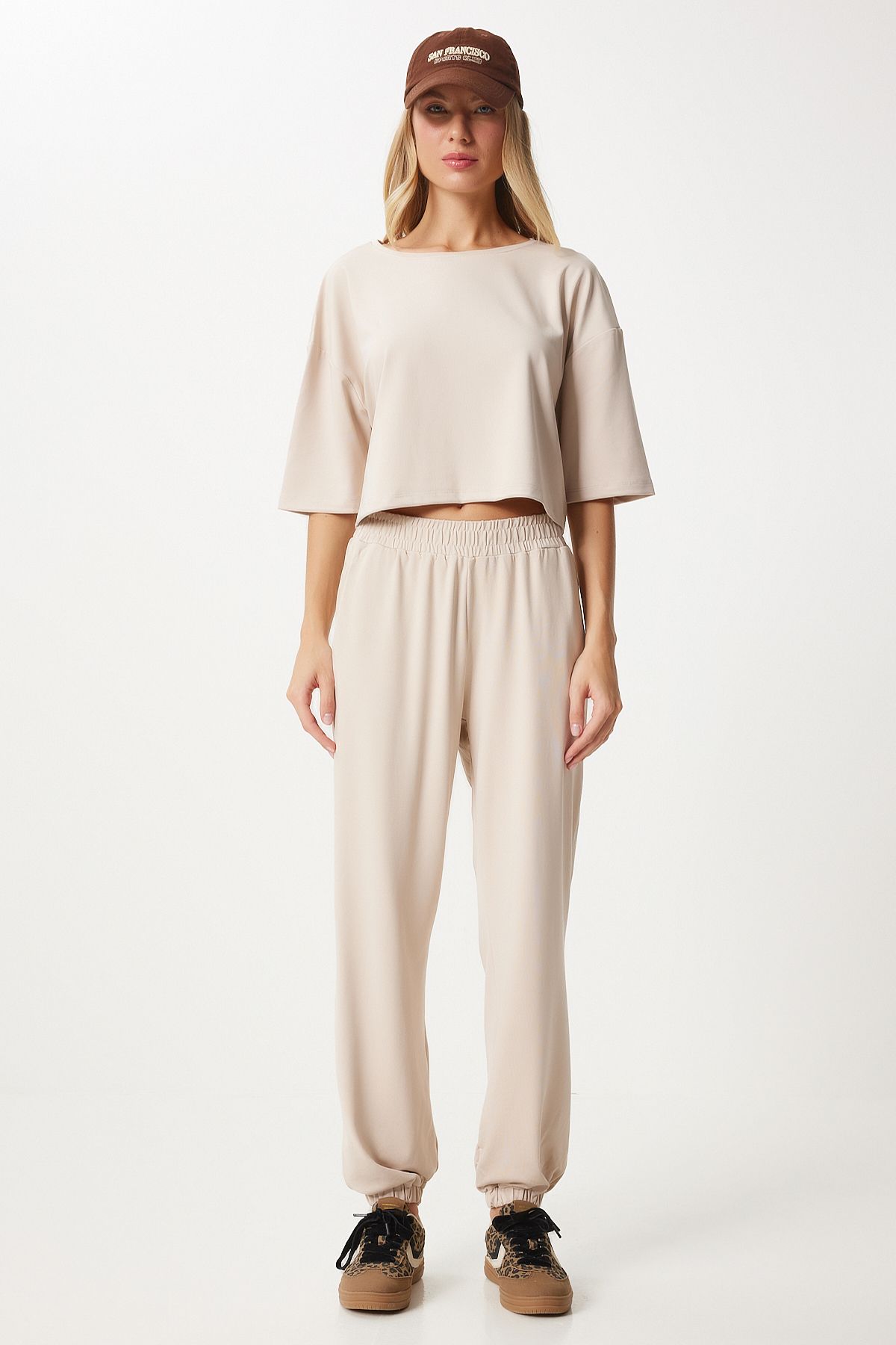 Women's Cream Crop T-Shirt Jogger Lower Knitting Tracksuit Set FN03316