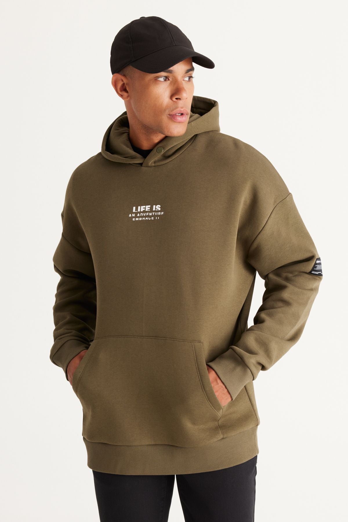 Men's Khaki Oversizle Fit Plenty Cut Hooded 3 -IP Cotton Sweatshirt