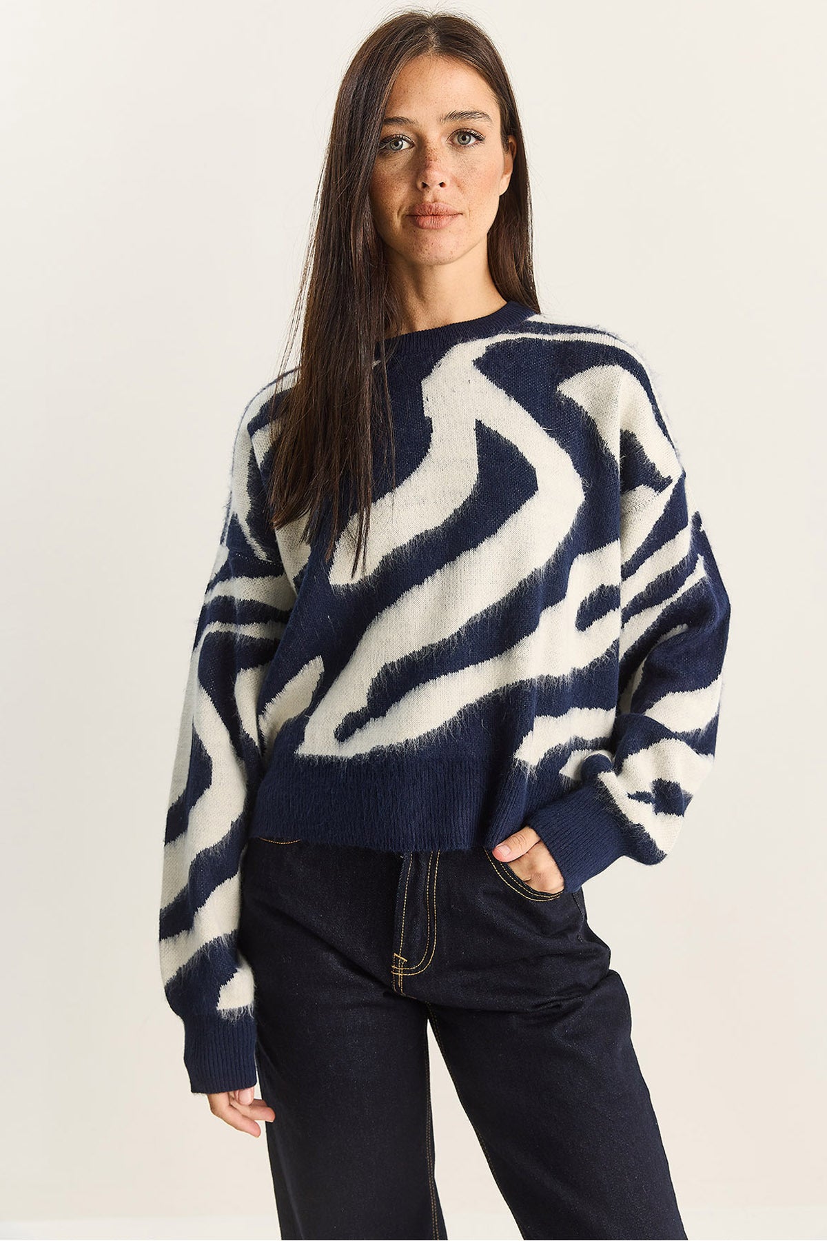 Women's Thick Zebra Patterned Crew Neck Ribbed Knitwear Sweater 60285006