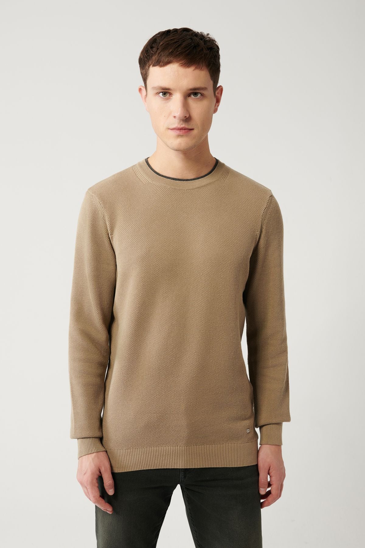 Men's Beige Double Collar textured knitwear sweater A32y5100