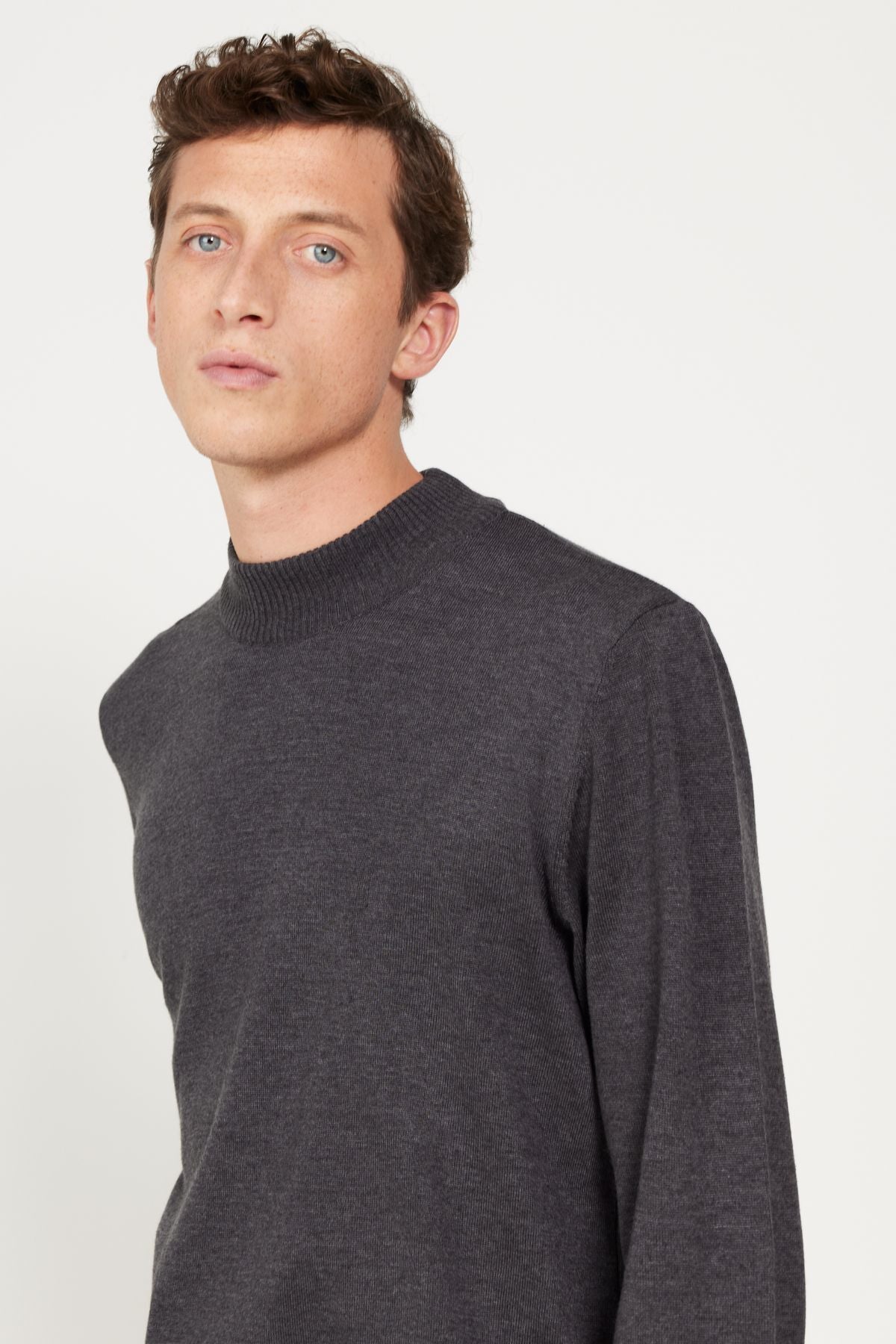 Men's anthracite melange standard fit normal cut half fisherman collar cotton knitwear sweater