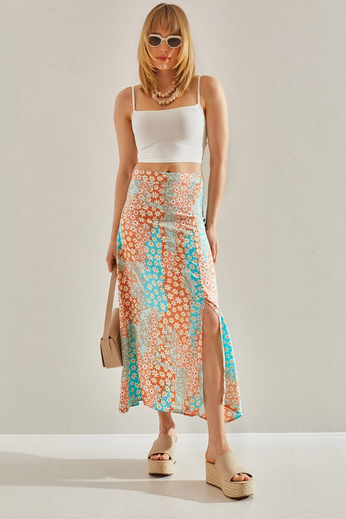 Women's turquoise-orange side hidden zipper slitted floral skirt 60251034