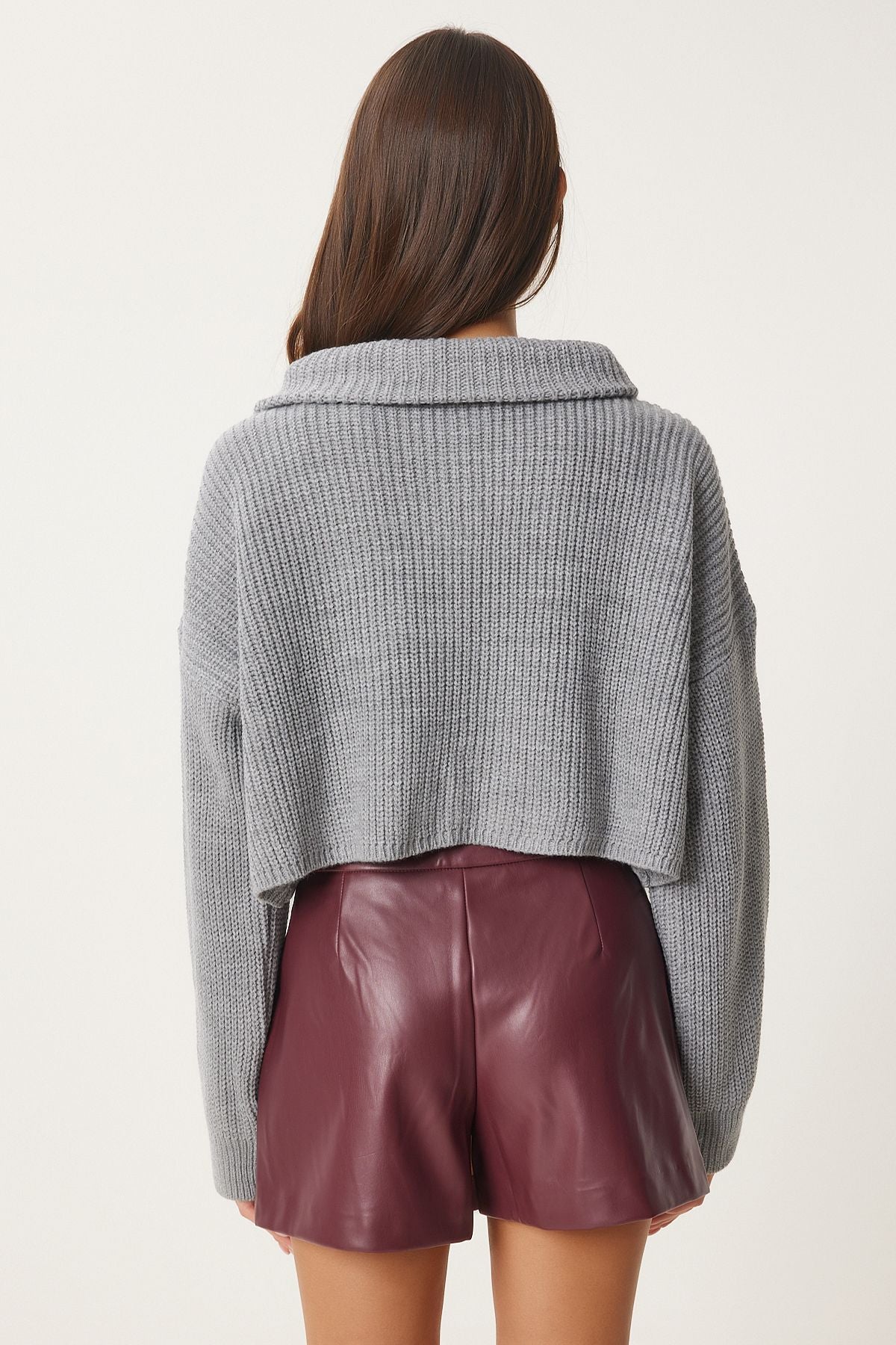 Women's Gray Zippered Fisherman Yaka Knitwear Kazakh MX00124