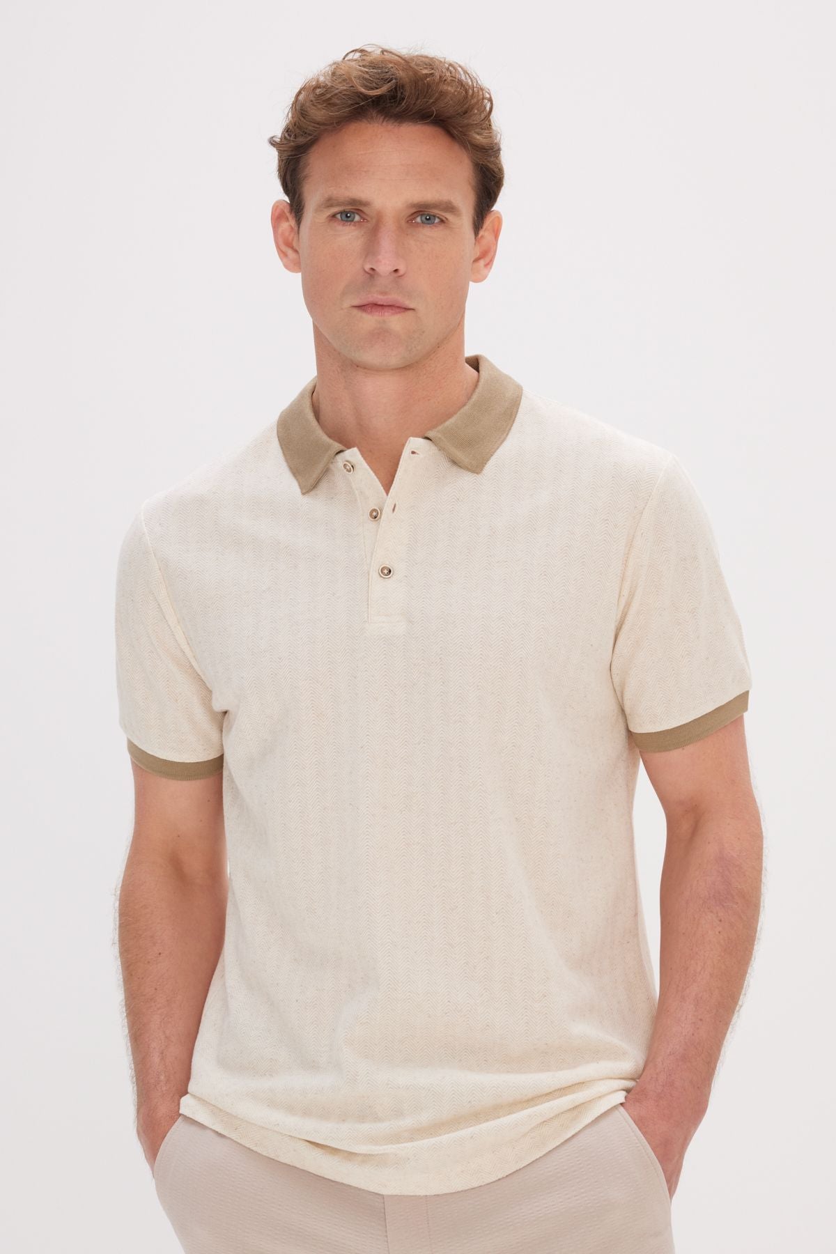 Men's Beige-Vizon Slim Fit Narrow Cut Cotton Patterned Polo Yaka T-shirt