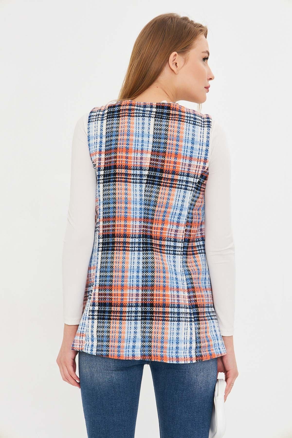 Woman Orange V-Neck Single Buttoned Oversiz vest with ARM-25K001111