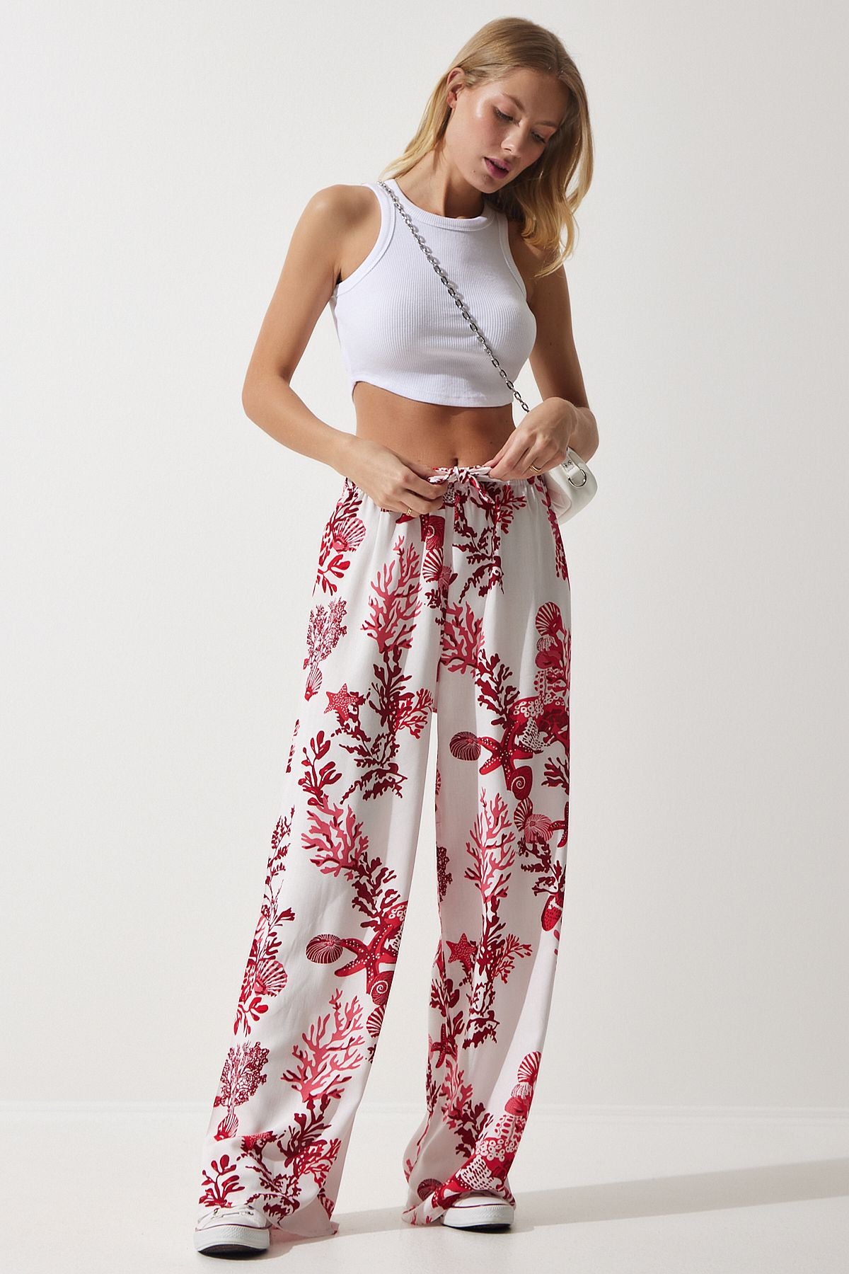 Woman White Pink Patterned Viscose Palazzo Pants EN00606