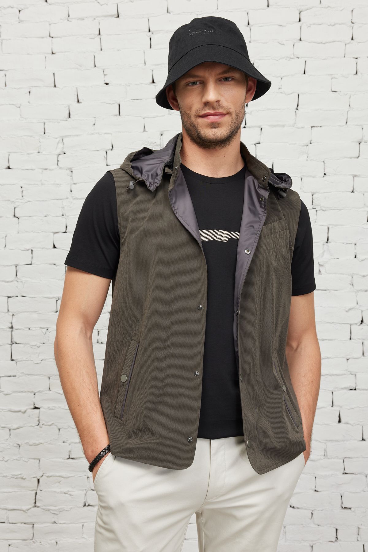 Male Khaki Standard Fit Normal Cut Patterned Vest Vest