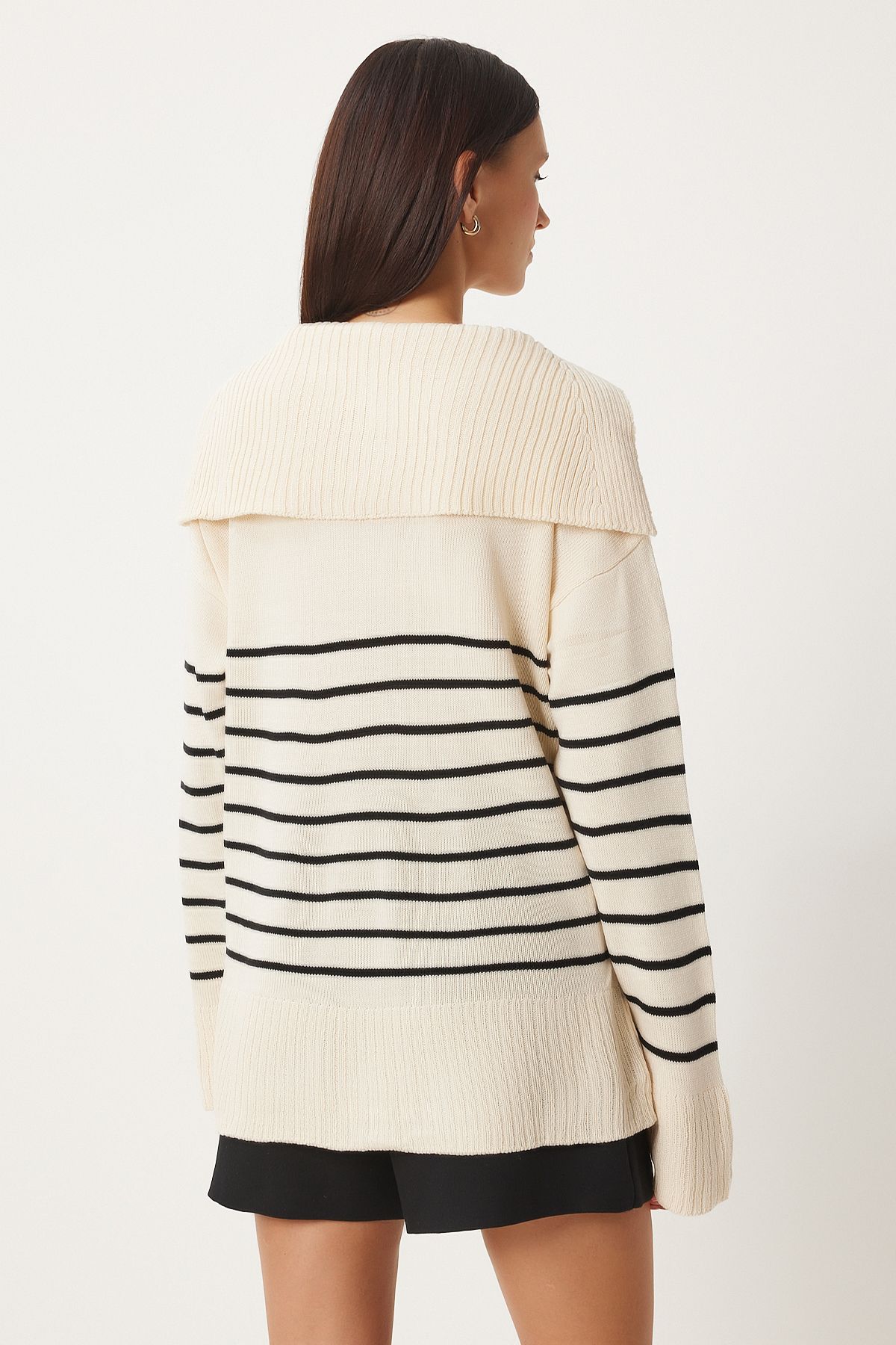 Women's Cream Shawl Yaka striped oversize knitwear sweater FN03345