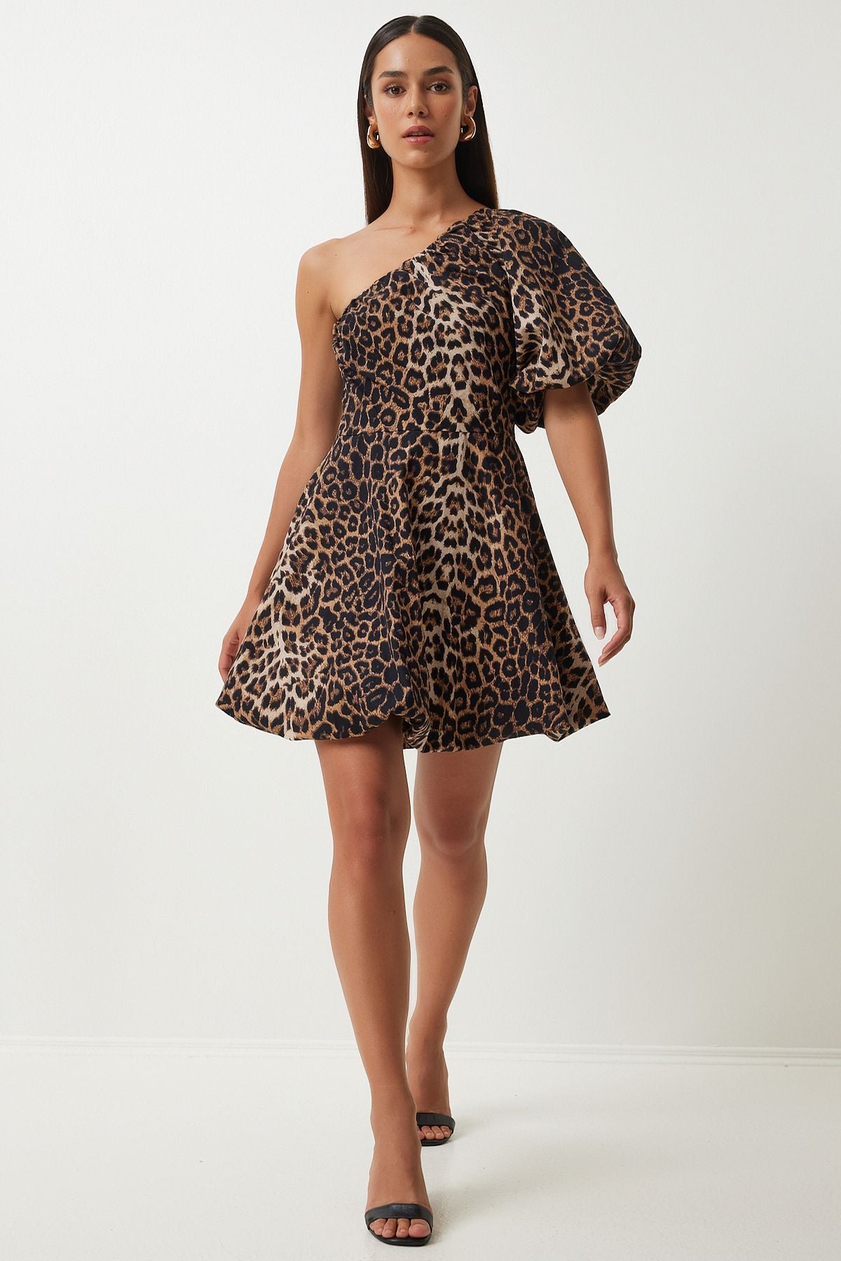 Female Black Beige Leopard Patterned Balloon Sleeze One Shoulder Woven Dress UL00034