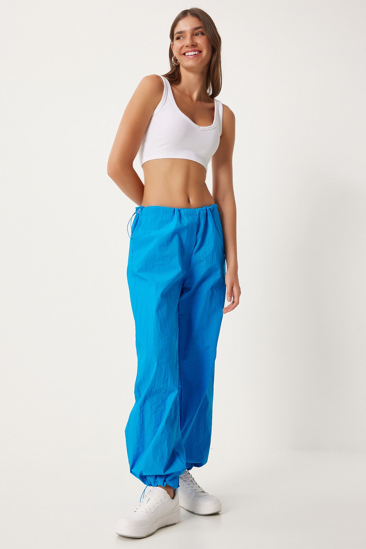 Women's Blue Pocket Parachute Shalwar Pants FN03274