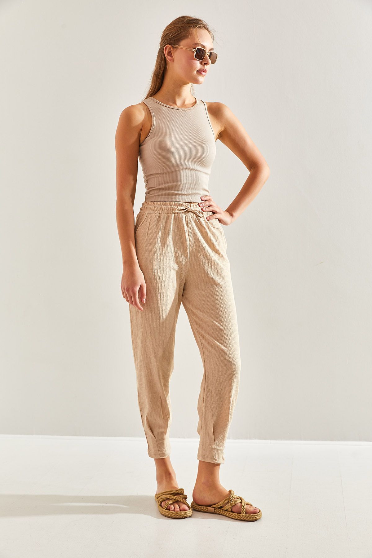 Women's waist rubber cowpea fabric pants 60171018