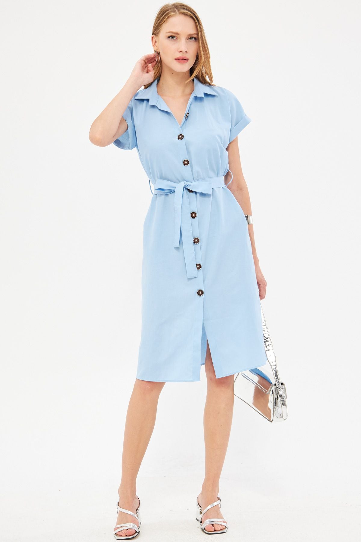 Woman Baby Blue Waist Belt Short Sleeve Shirt Dress ARM-19Y001068