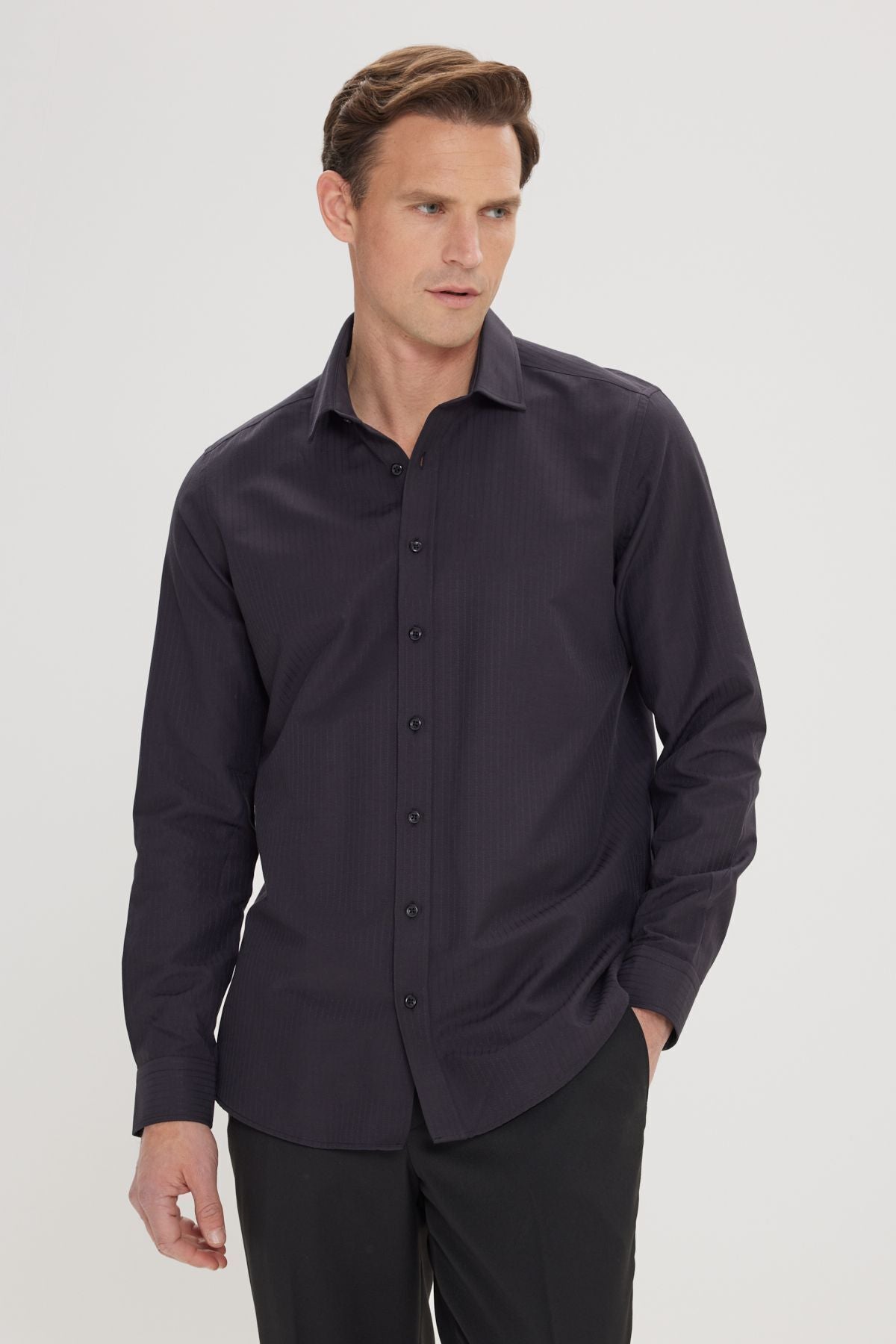 Men's black slim fit narrow cut buttoned collar linen looking 100 %cotton pennant shirt