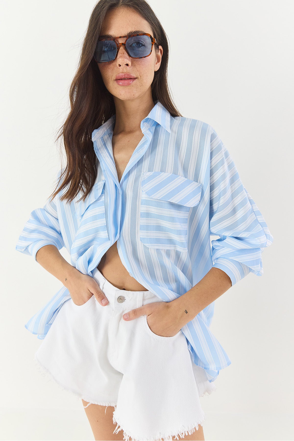 Women's Thick Striped Double Pocket Detailed Oversize Basic Summer Shirt 34399-1 60283249