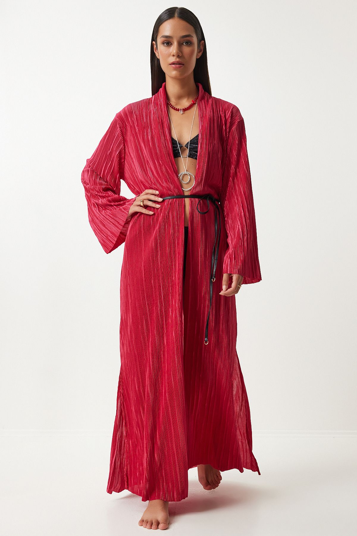 Woman Dark Pink Leather Bidelite Plisel Long Kimono FN03207