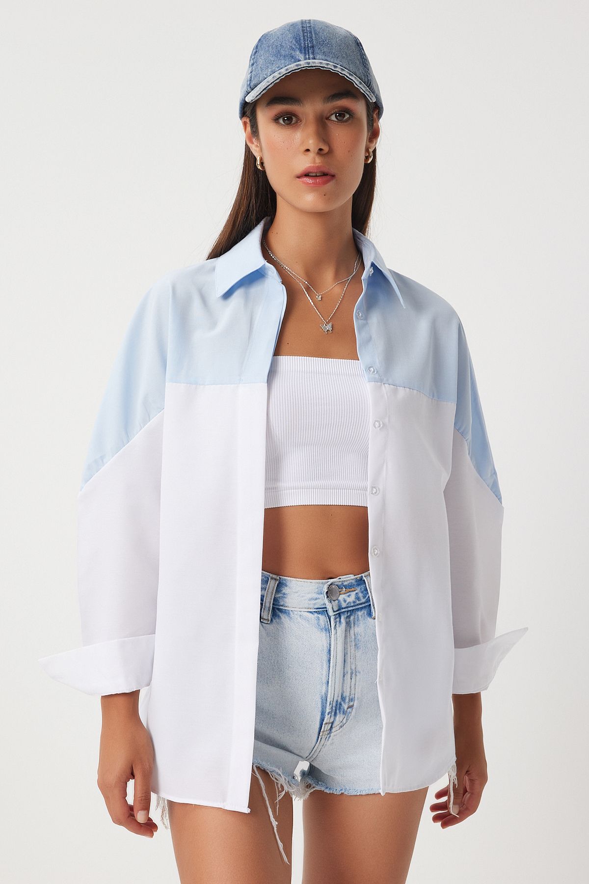 Woman Sky Blue White Block Color Boyfriend Shirt DD01306