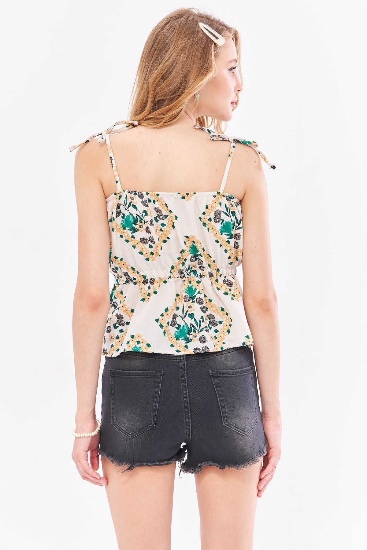 Female Dark Green Patterned Linen -Looking Waist Tire Hangers Connected Strapless Crop blouse