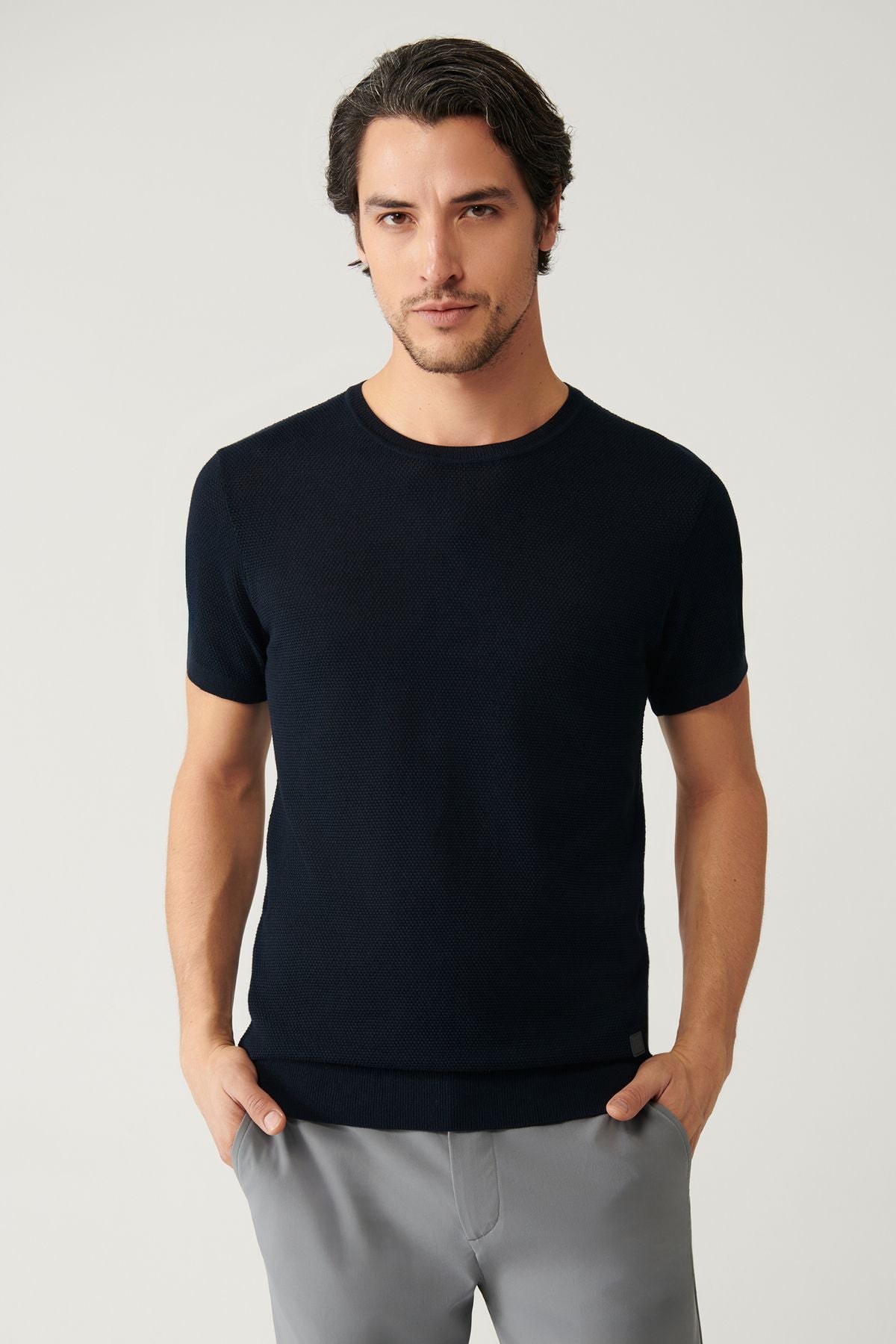 Men's dark navy blue knitwear t-shirt bike collar textured cotton regular fit E005027