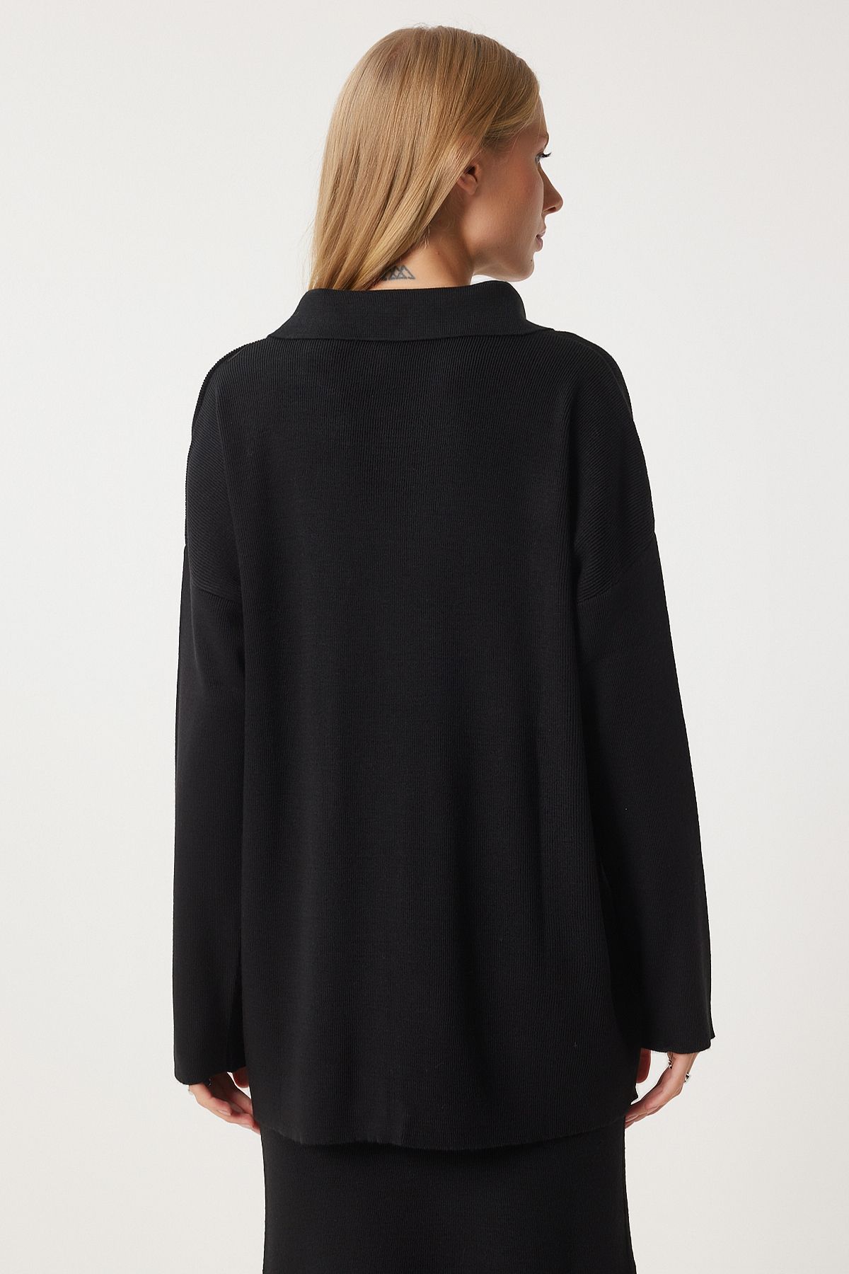 WOMEN BLACK Polo Yaka knitwear cardigan skirt set PF00090