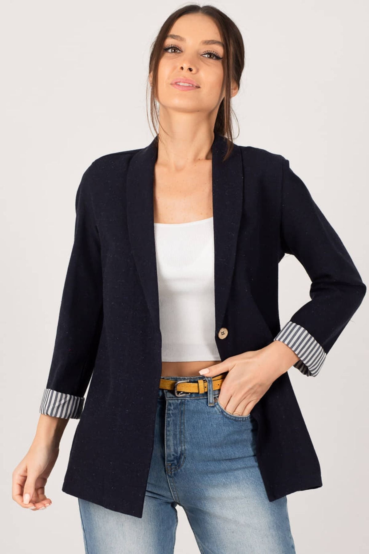 Woman Dark Navy blue sleeve in intrauterine striped single button jacket ARM-22K001122