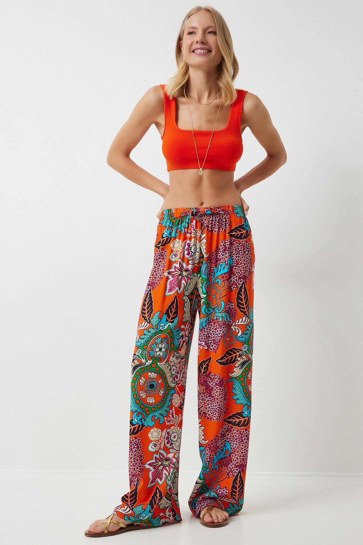 Female Oranj Turquoise Patterned Viscose Palazzo Pants EN00606
